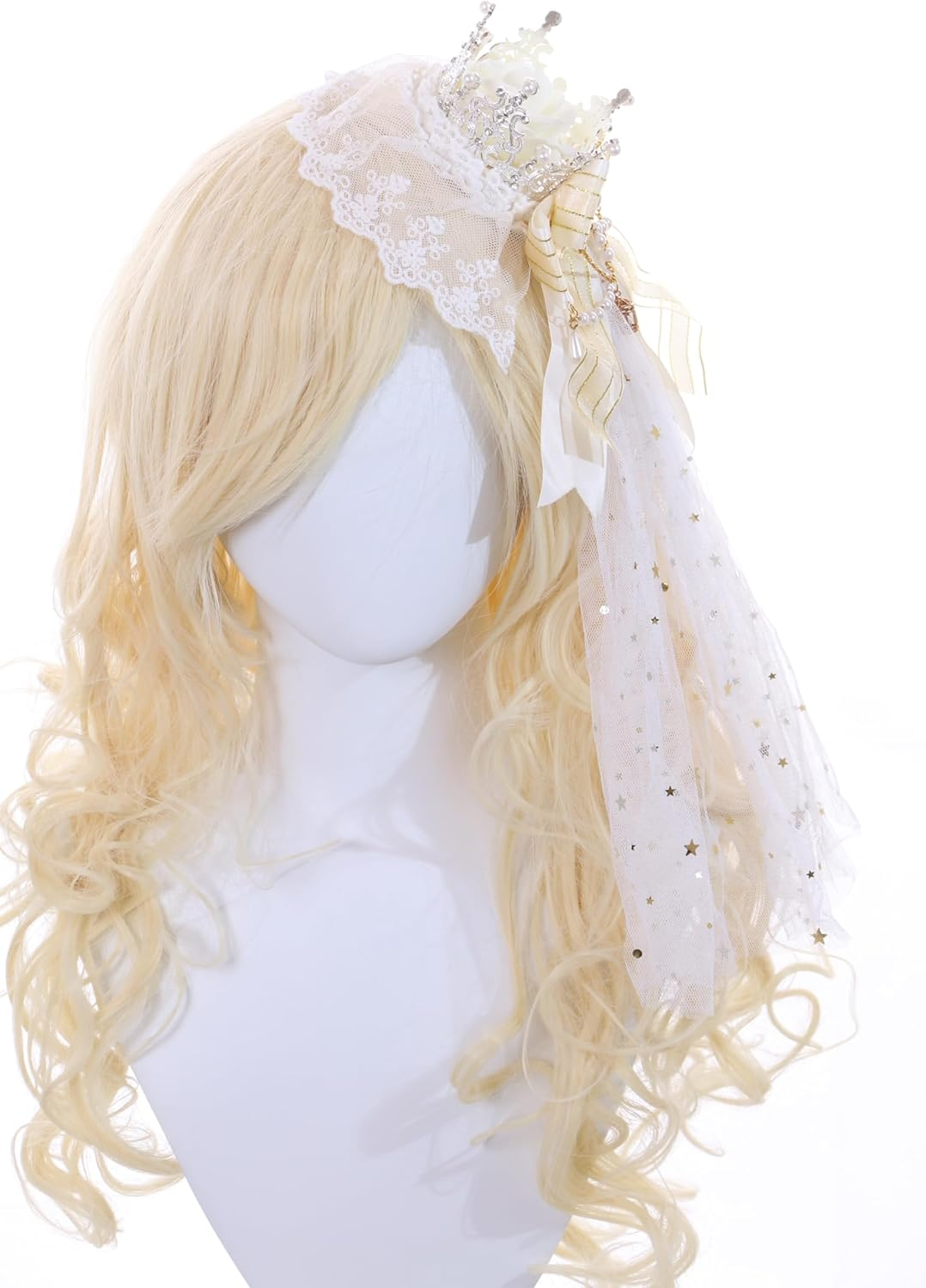 C-105-3 White Veil Gold Crown Red Rose Bow Lace Ruffle Gothic Lolita Party Celebration Hair Accessories Head Accessory image number 3