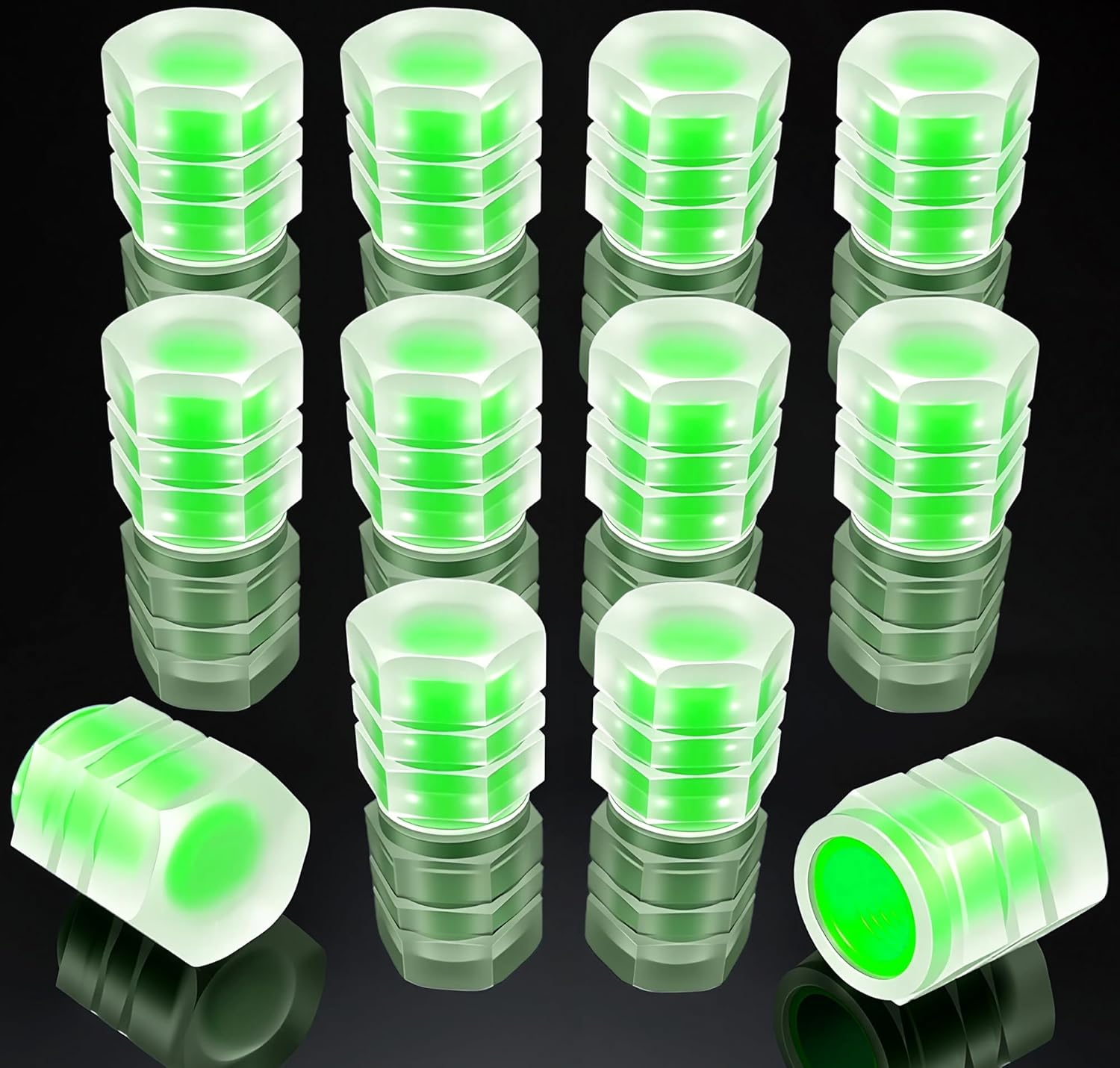 8PCS Fluorescent Tire Valve Stem Caps, Luminous Car Tire Air Cap, Corrosion Resistant Leak-Proof Wheel Valve Cover, Universal for Cars, Trucks, Bikes, Motorcycles, Bicycles(Green)