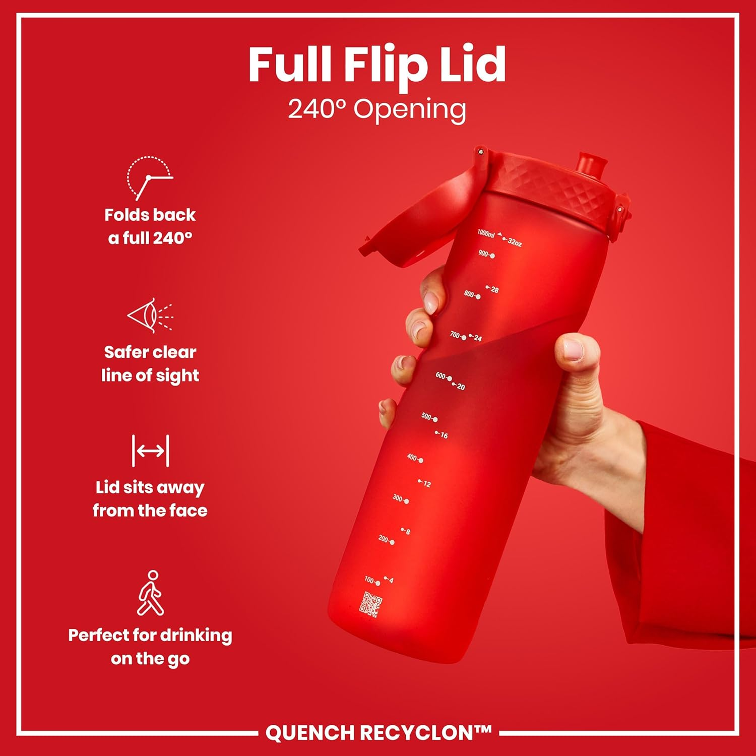 Ion8 1 Litre Water Bottle, Leak Proof, Flip Lid, Carry Handle, Rapid Liquid Flow, Dishwasher Safe, BPA Free, Soft Touch Contoured Grip, Ideal for Sports and Gym, Carbon Neutral Recyclon image number 6