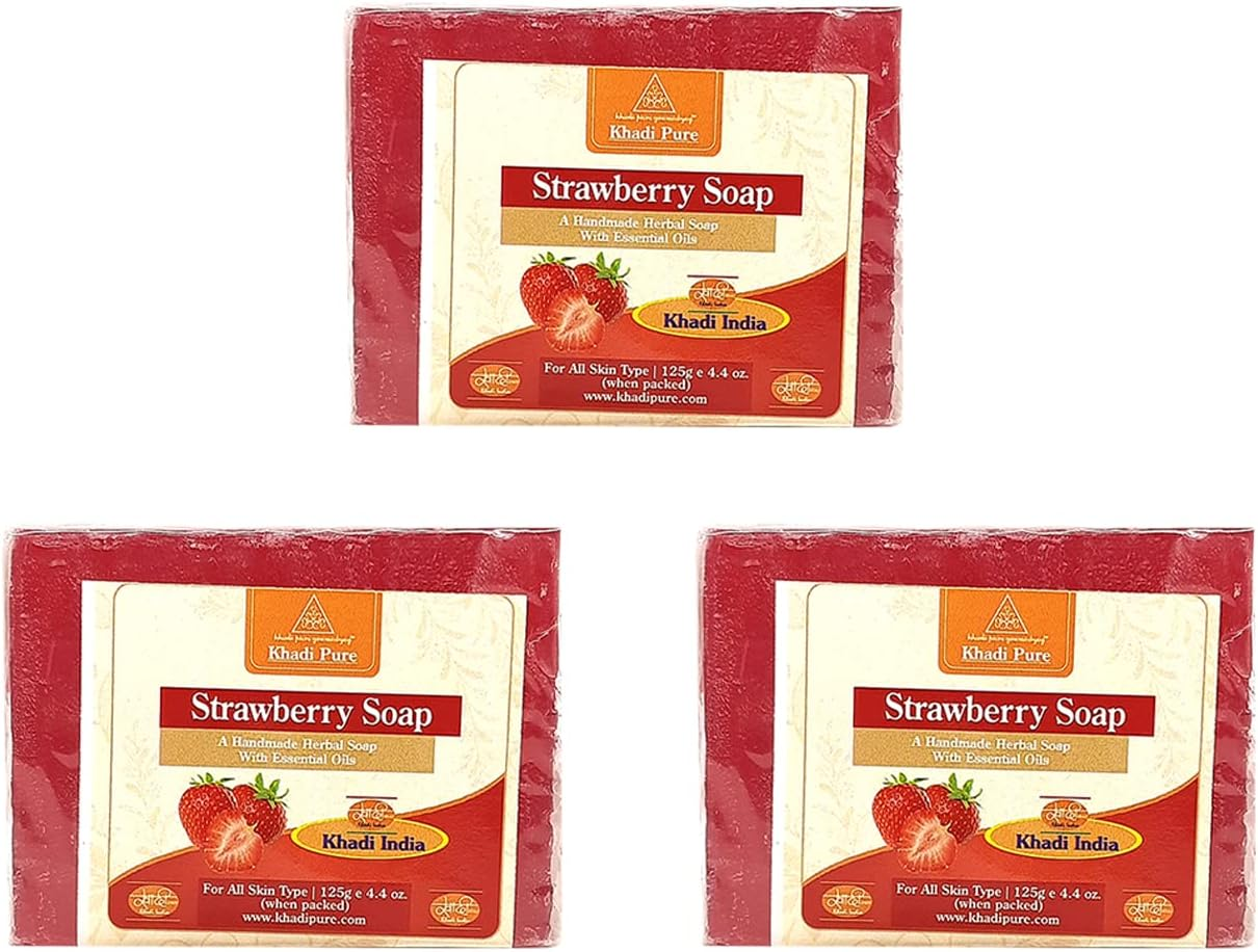 Khadi Pure Herbal Strawberry Soap, 125 G (Pack of 3),Red image number 1