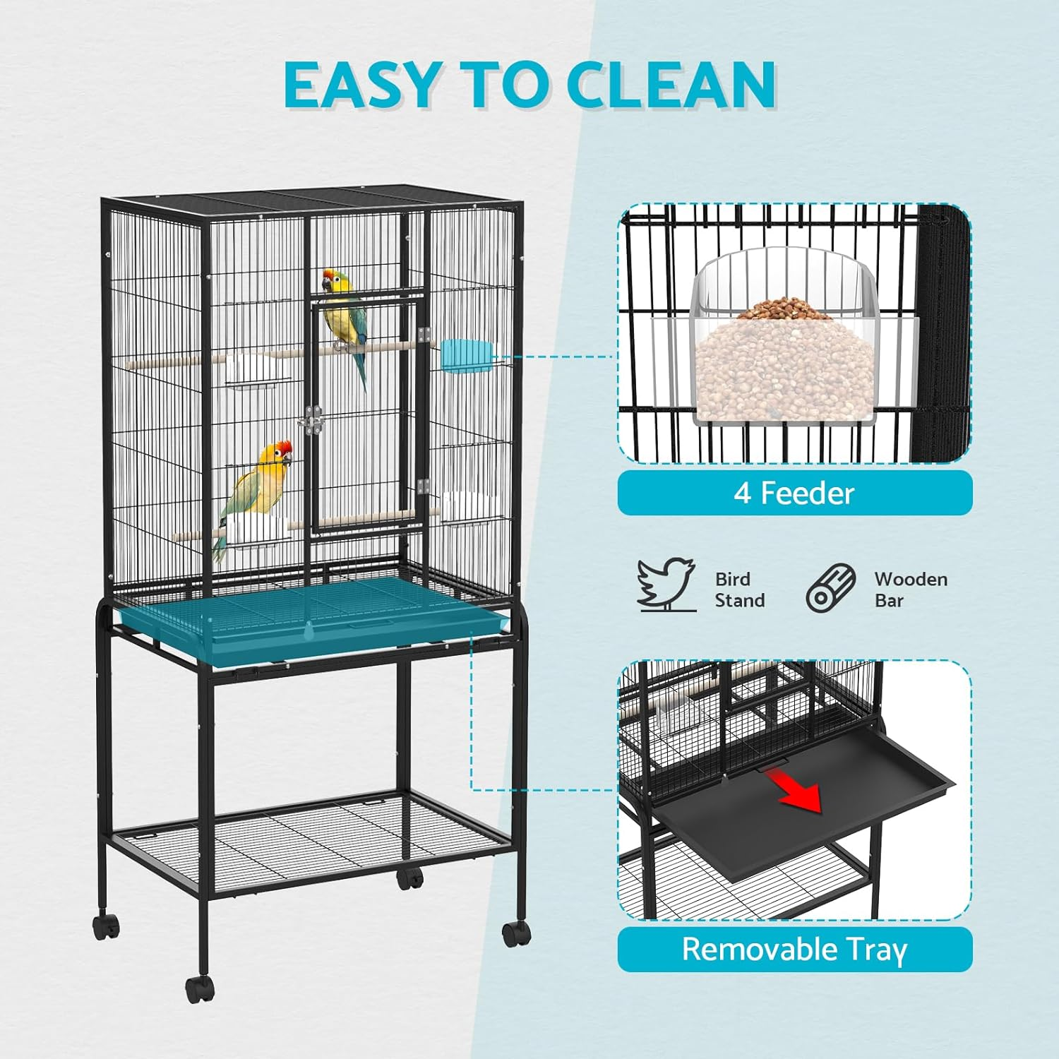 Advwin Bird Flight Cage, 66 X 43 X 135Cm Large Wrought Iron Budgie Aviary with Removable Tray, Rolling Stand Parrot Cage with 2 Perches for Cockatiels Pet Birds Parakeet Lovebird Canary Finch image number 5