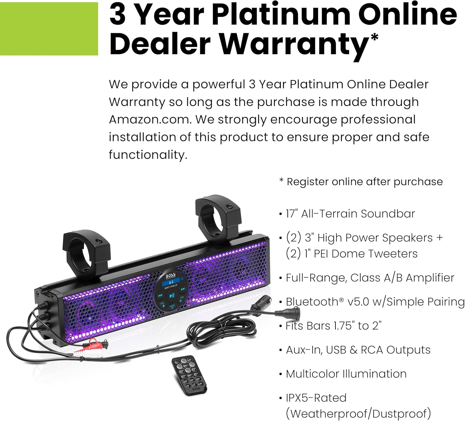 BOSS Audio Systems BRT17SLR ATV Sound Bar - 17 Inches Wide, 3 Inch Speakers, IPX5 Weatherproof, Bluetooth, Built-In Amp, Multicolor Illumination image number 4