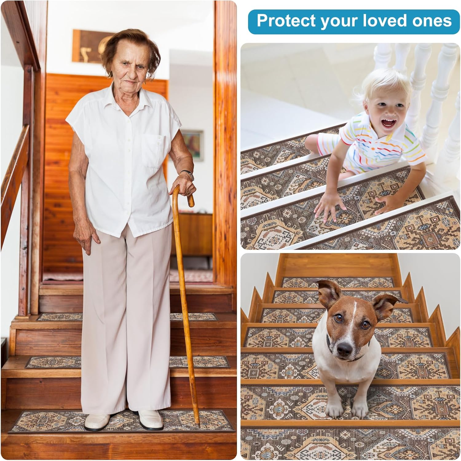 Non-Slip Carpet Stair Treads for Wooden Steps Indoor Set of 15 Pack 8" X 30" Peel and Stick Reusable Staircase Stair Runners Rugs, Soft Safety for Dogs, Kids & Elders, Stairway Grip, Brown image number 4