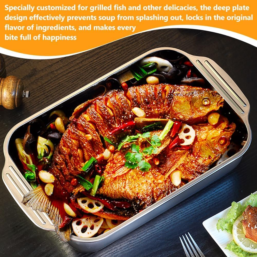 Stainless Steel Grill Pan with Lid, Deep Square Roast Pot, Commercial-Grade Fish Bake Boiler, Large Toast Seafood Caldron for Fish, for Oven/Stovetop/Bbq（41X21X8Cm） image number 4