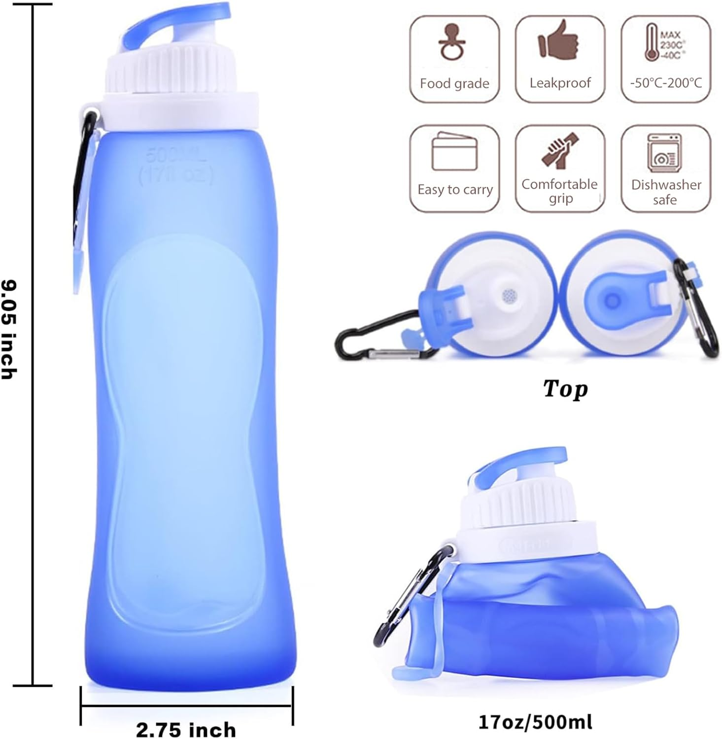 RUNGOS Collapsible Water Bottle for Travel Essentials [Double Lock Cap Leak Proof] [Half Transparent] BPA Free Silicone, Rollable Foldable Water Bottle with Clip for Backpack Outdoor Hiking Riding Etc image number 5