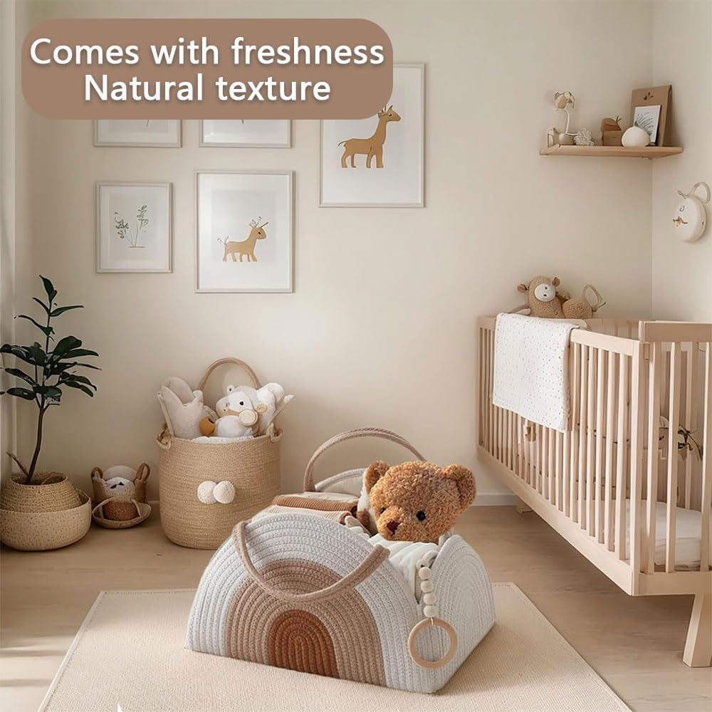 Cotton Rope Diaper Caddy Organizer, Portable Baby Nappy Storage Basket with Handle, Boho Nursery Tote for Changing Table, Travel, Car &ndash; Newborn Essentials Bag image number 2