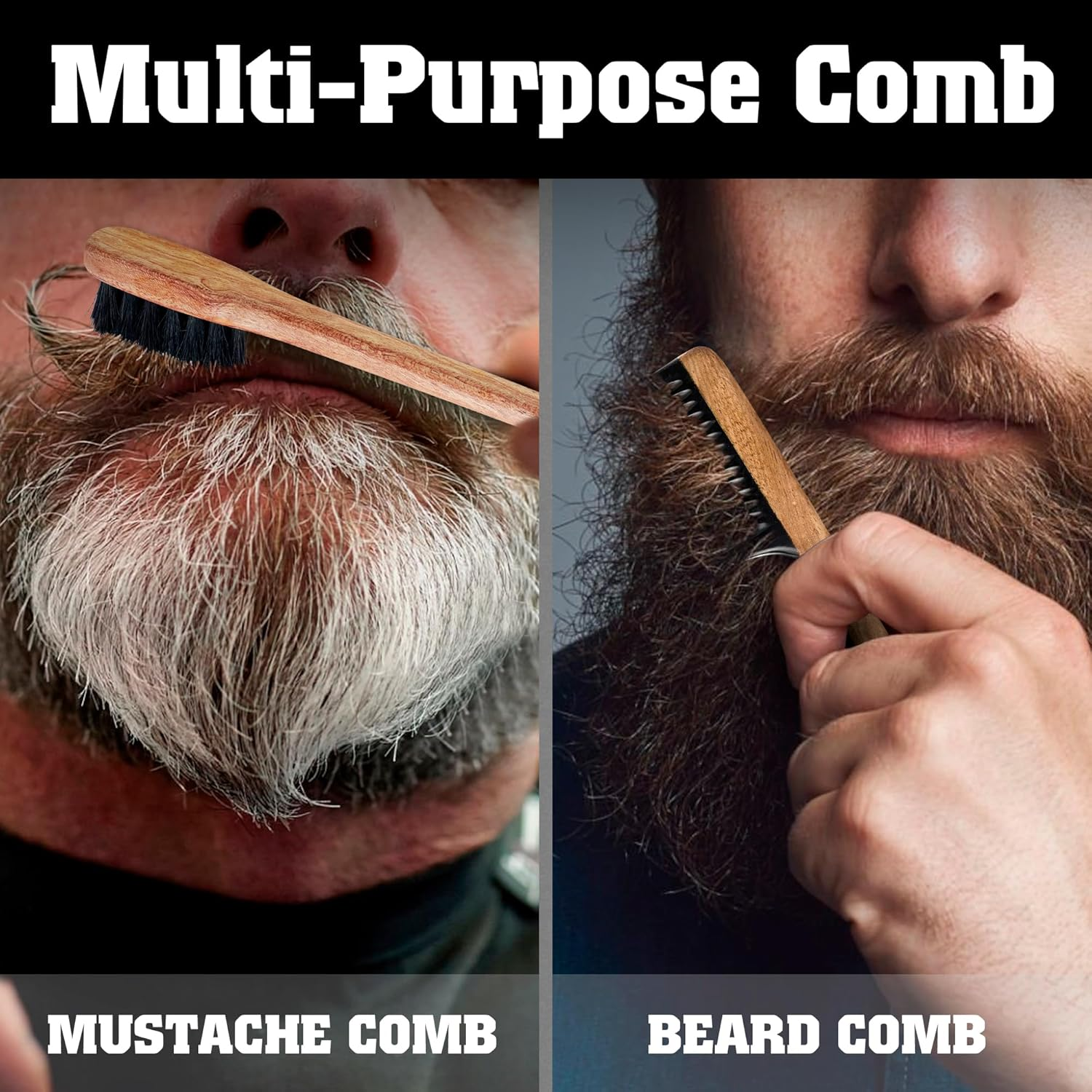 Vtuna 2-In-1 Beard Comb & Brush - Mustache & Beard Comb for Men. Handcrafted from Solid Wood, Buffalo Horn, and Cow Tail Hair. Comes in a Luxurious Velvet Box, Perfect for Gifting. image number 2