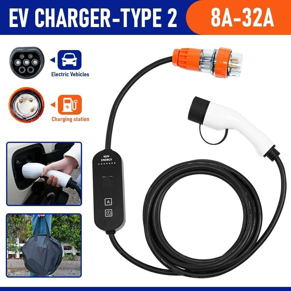 Type 2 EV Charger 32A 7KW, Single Phase EV Home Charger 8A-32A Adjustable Current with Portable Carry Bag/Lcd Display/3 PIN Plug, Geartronics Electric Vehicle Charging Station image number 1