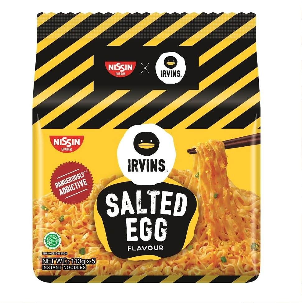 Nissin Irvins Spicy Salted Egg Flavour Instant Noodles Delight Mee Pok Quick Meal 113G X 5 Pack