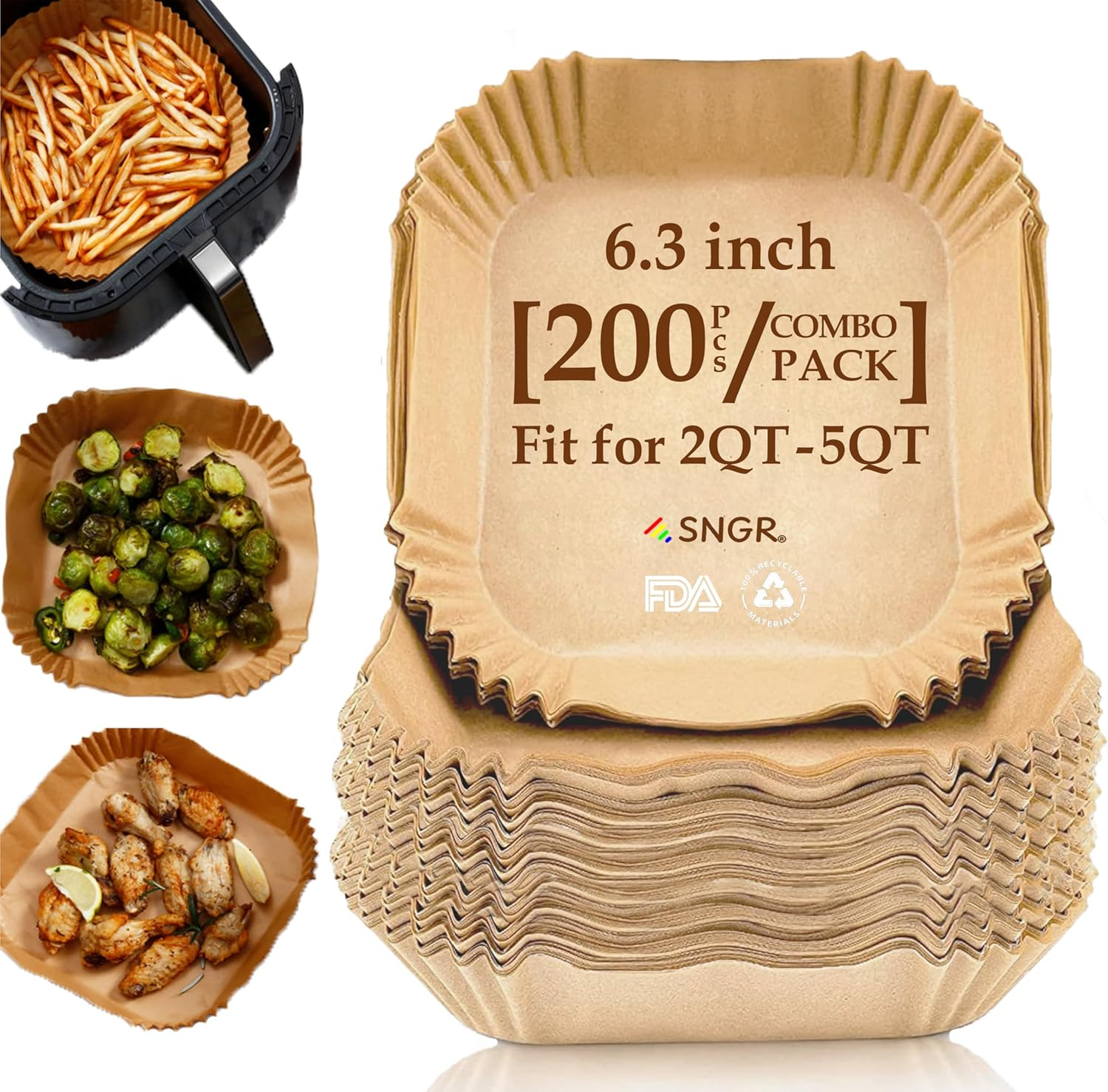 Premium 6.3Inch Square Air Fryer Liners, [200Pcs/Pack] Disposable Air Fryer Paper, Food Grade Baking Tray for 2-5QT Air Fryers - Air Fryer Accessories. image number 4