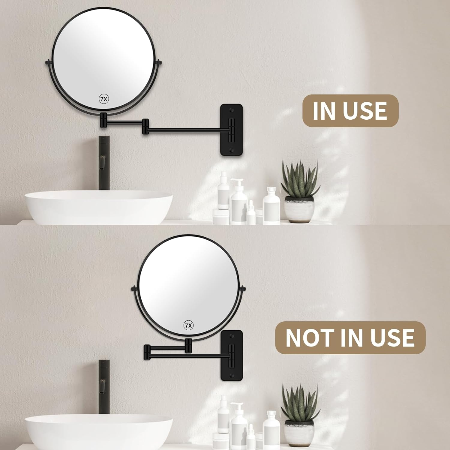 Btremary 8&rdquo; Wall Mounted Magnifying Makeup Mirror 1X/7X Wall Mount Mirror Swing Arm Two-Sided 360&deg; Swivel Bathroom Shaving Mirror for Men and Women in Hotel/Home, Black