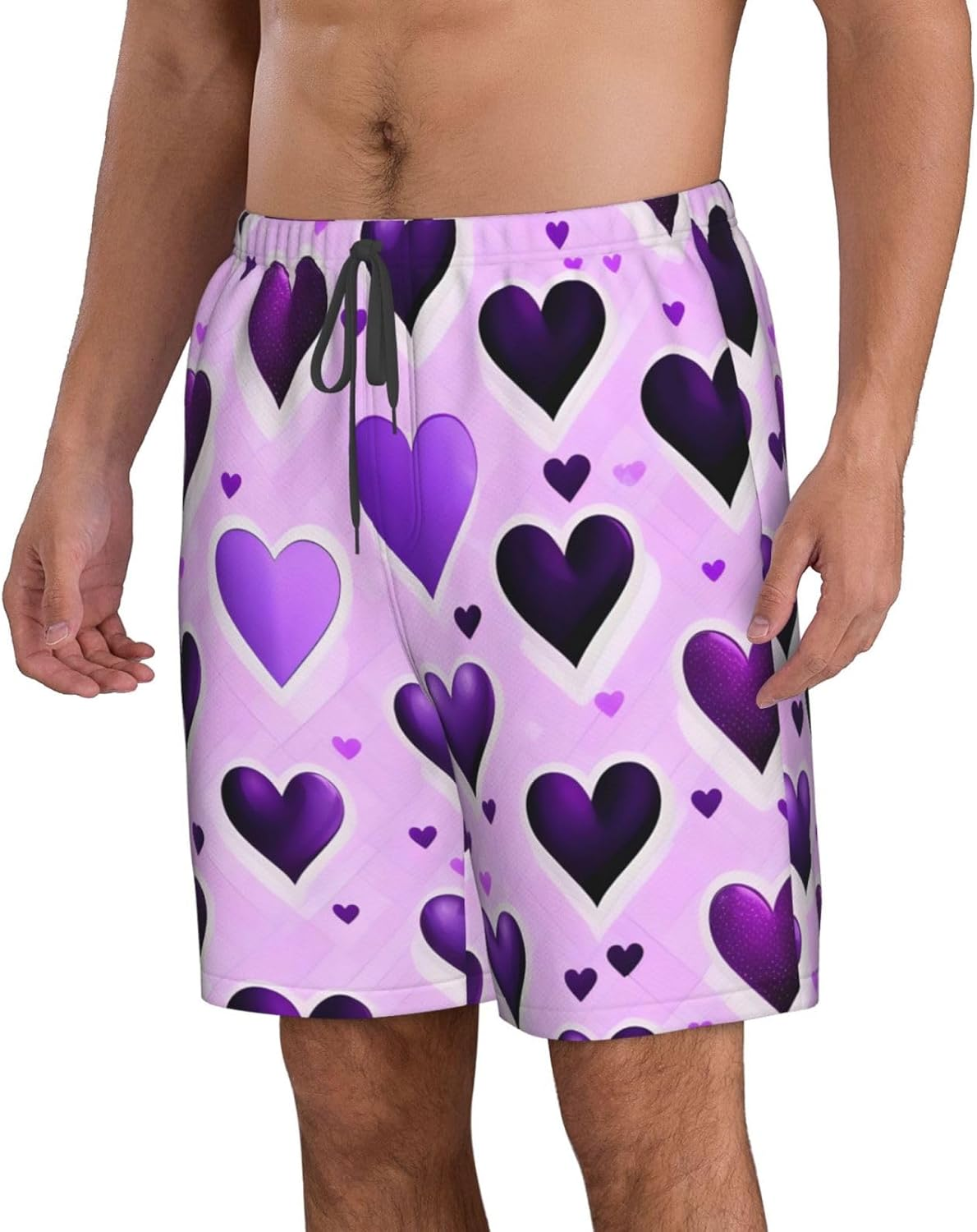 Fashional Purple Hearts Print Mens Swim Trunks Quick Dry Bathing Suits Summer Holiday Beach Board Shorts Pockets image number 3