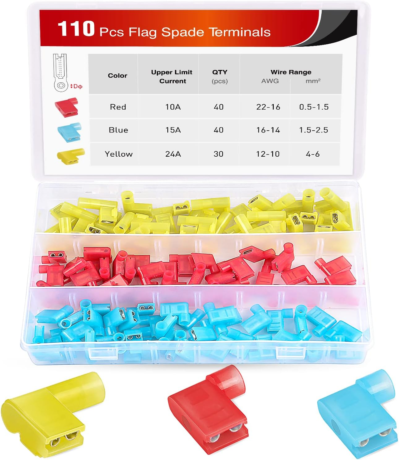 Nilight 50047R 110Pcs Nylon Flag Spade Female Insulated Quick Disconnects 22-18 16-14 12-10 Gauge Flag Spade Electrical Crimp Terminals Connector Assortment Set image number 6
