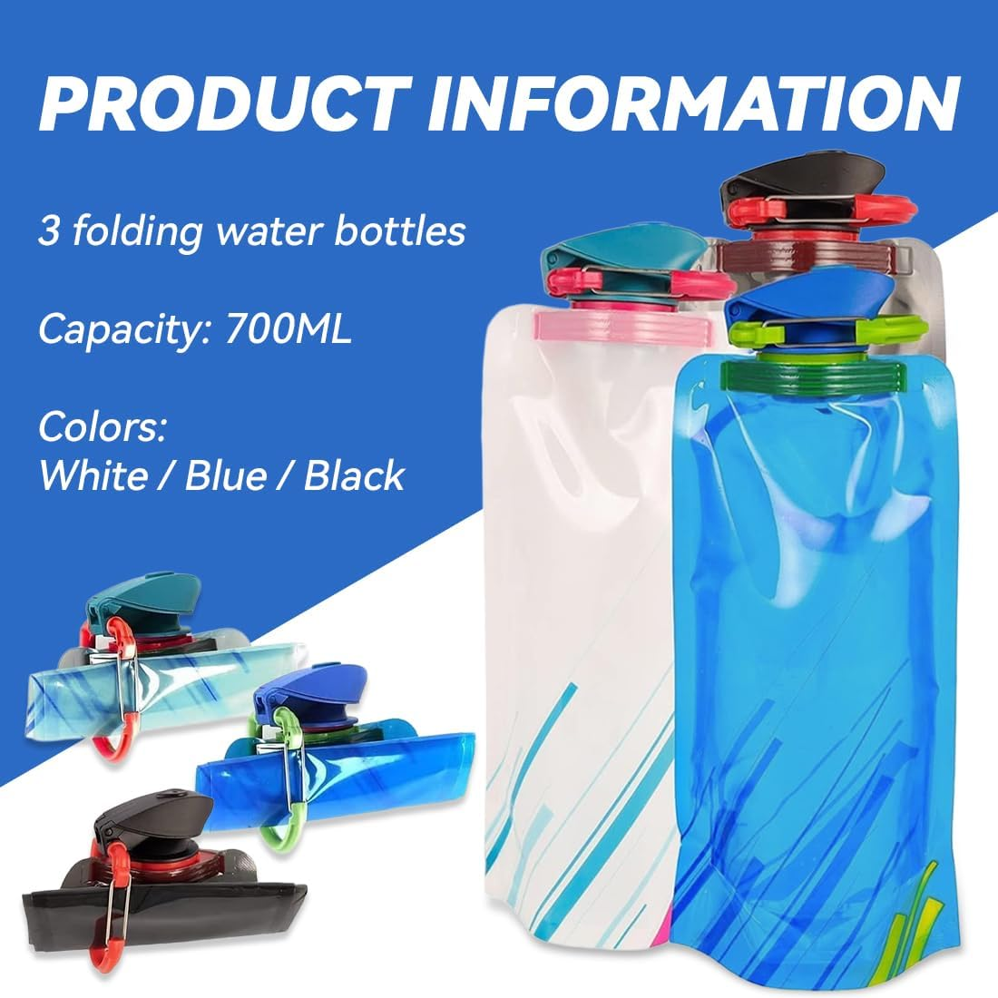 KIRZAX Pack of 3 Foldable Drinking Bottles, Foldable Drinking Bottles, Festival 700 Ml, Reusable Drinking Bottle, Foldable for Hiking, Travel, Adventure, White + Blue + Black image number 3