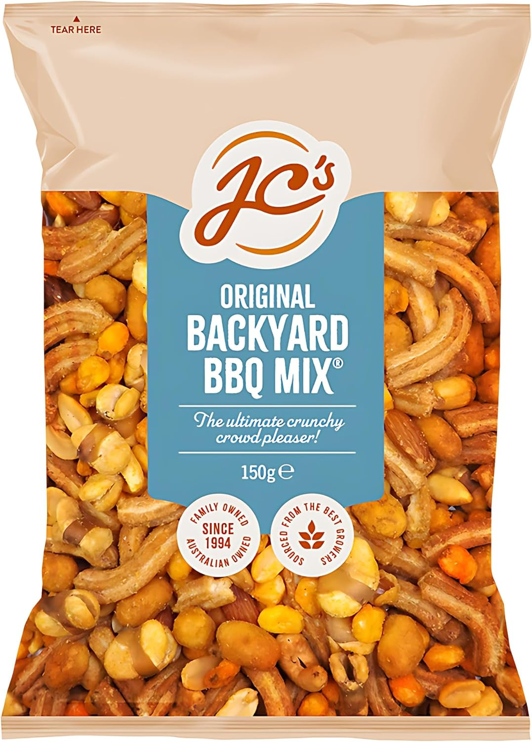 J.C.&rsquo;S Quality Foods Backyard BBQ Mix &ndash; 150G | Savoury Snack Mix with BBQ Kri Kri Peanuts, Honey Mustard Soy Crisps, Cheese Corn, Broad Beans, Almonds & Cashews