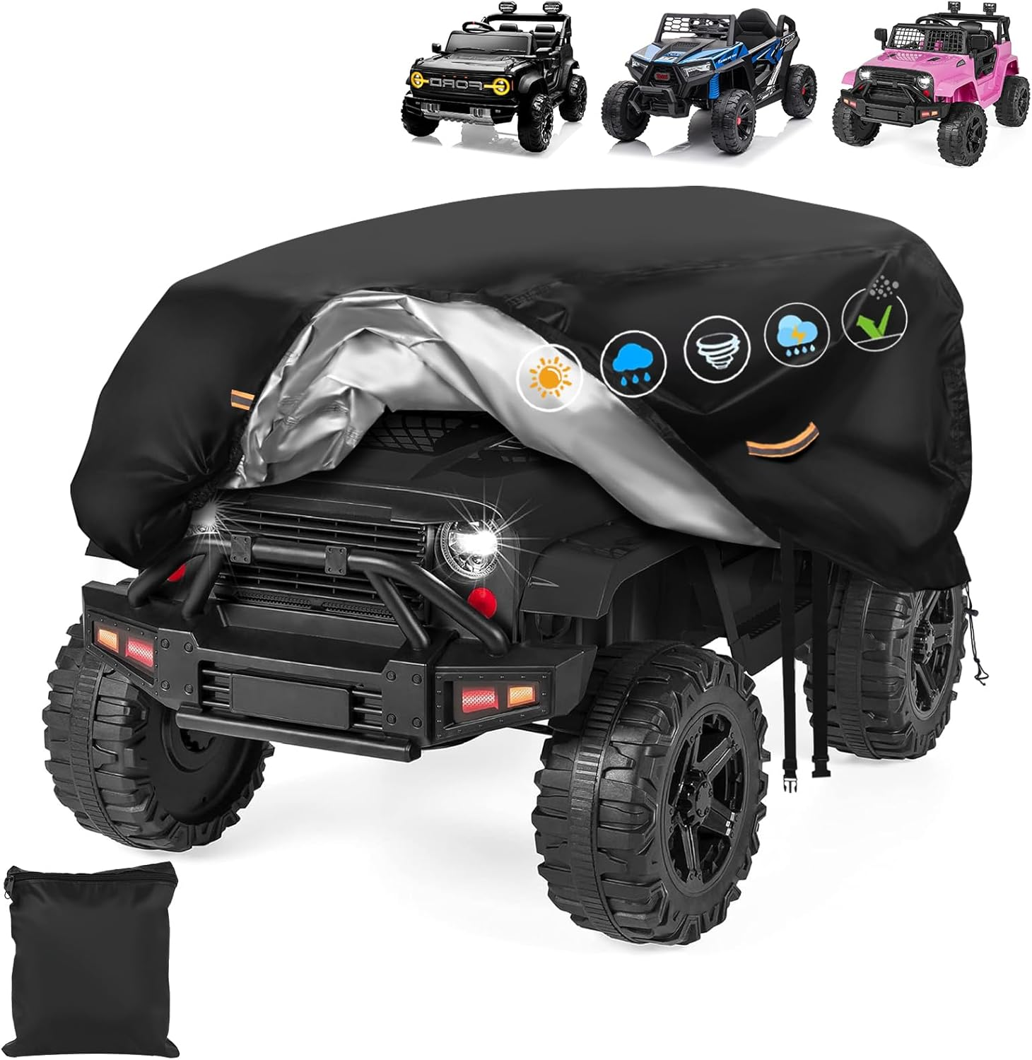Large Kids Car Cover，Upgraded Power Wheels Covers Waterproof All Weather，Heavy Duty Kids Ride-On Car Cover with Nano Coating,Windproof Buckle and 3 Reflective Strips,Universal Kid Ride-On Accessories