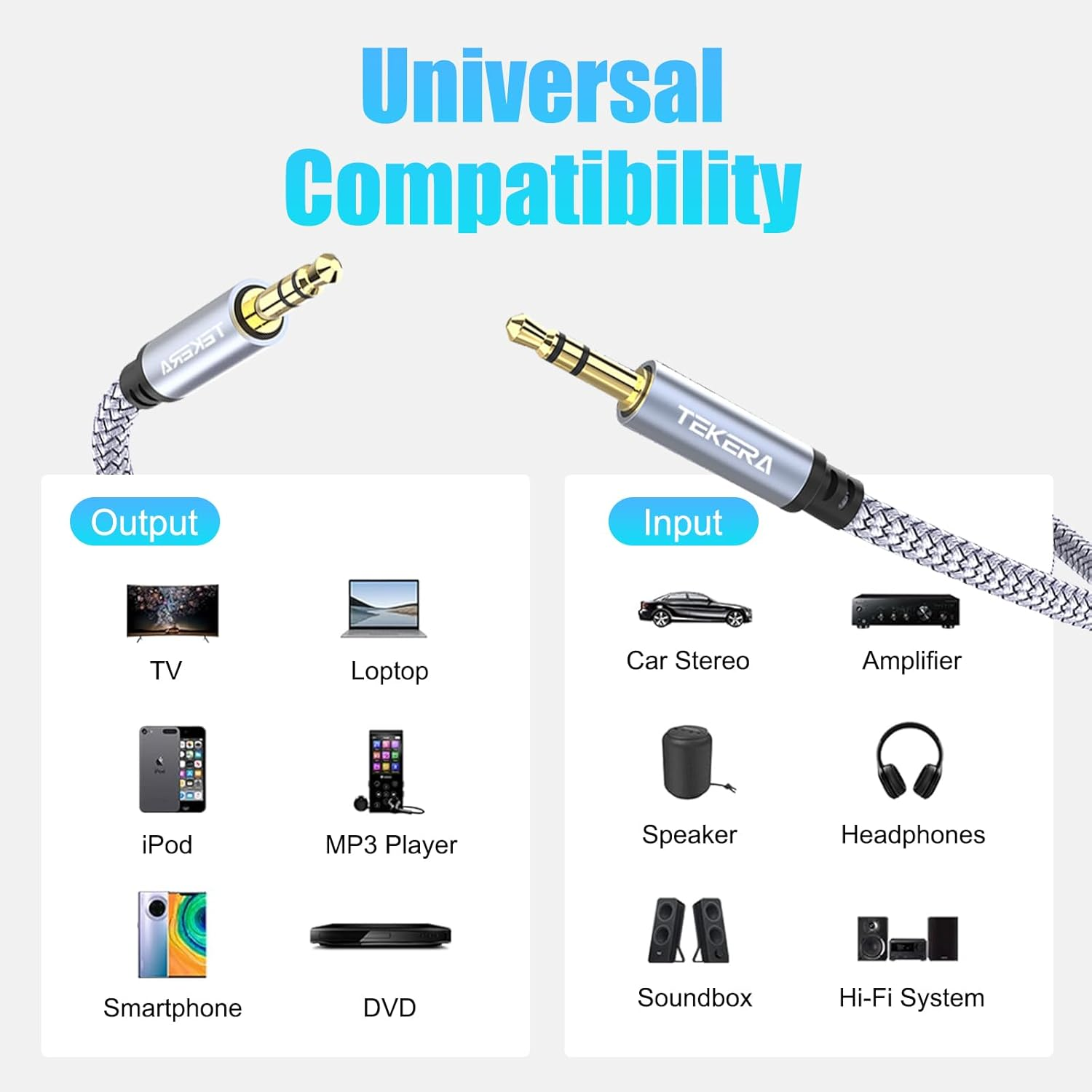 TEKERA 3.5Mm Male to Male Aux Cable 1M, Nylon Braided Stereo Audio Cable for Car, Phone, Speaker, Headphones, Laptop, Home Theater &ndash; Hi-Fi Sound, Durable Jack to Jack Cord (3.3FT/1M) image number 1