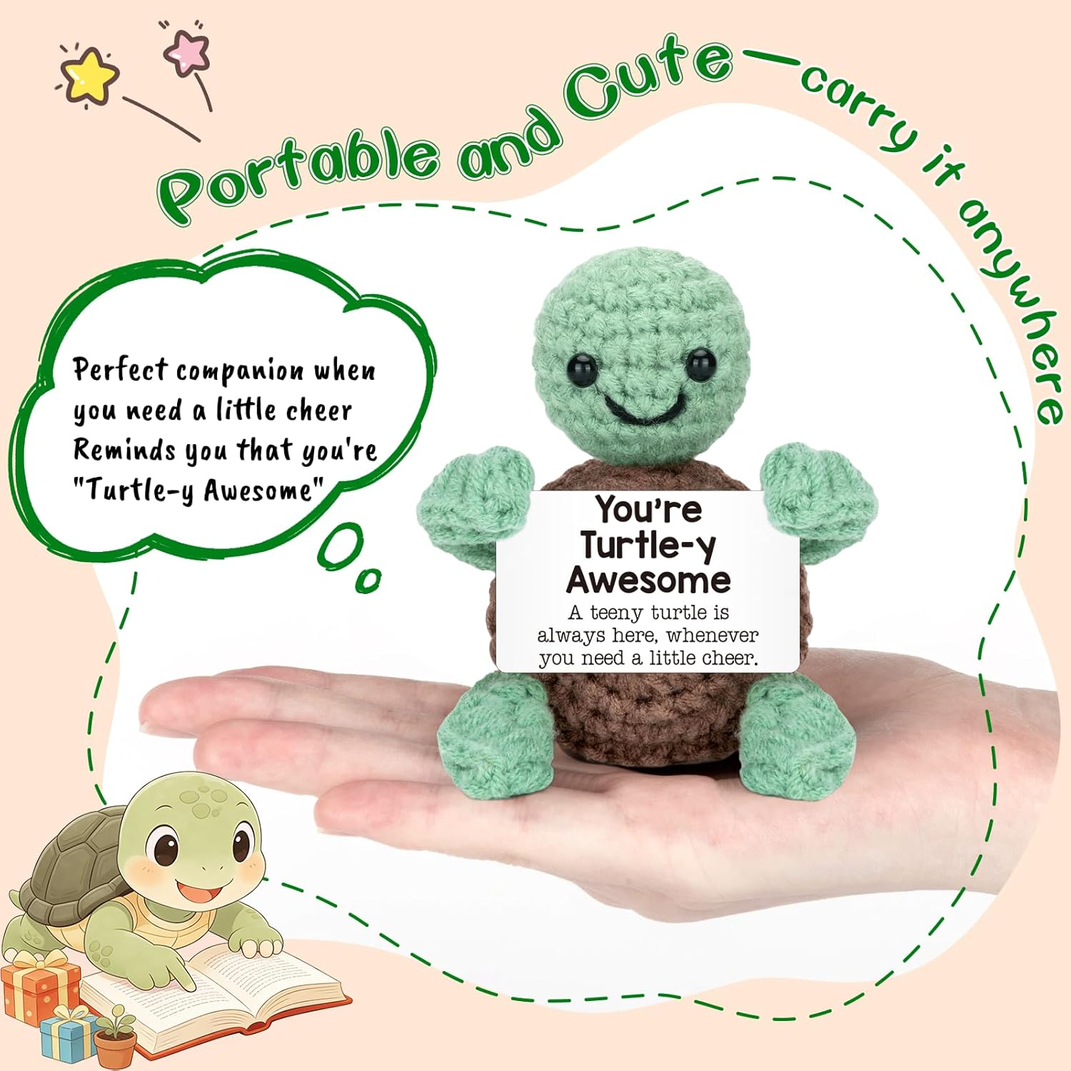 Handmade Mini Crochet Turtle Plush - Australian Wool Stress Relief Companion with Inspirational Card | Birthday, Mother'S Day, Cute Desk Decor for Kids, Adults(6X9Cm) (You Are Turtle-Y Awesome) image number 4
