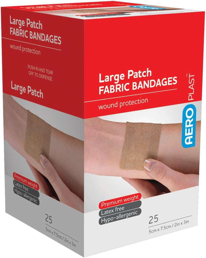 AEROPLAST Premium Fabric Large Patch, Fabric Plasters, Breathable Strong Adhesion Hypo‑Allergenic Latex‑Free, Sterile Individually Wrapped for Wound Protection, 7.5 Cm X 5 Cm, Box of 25