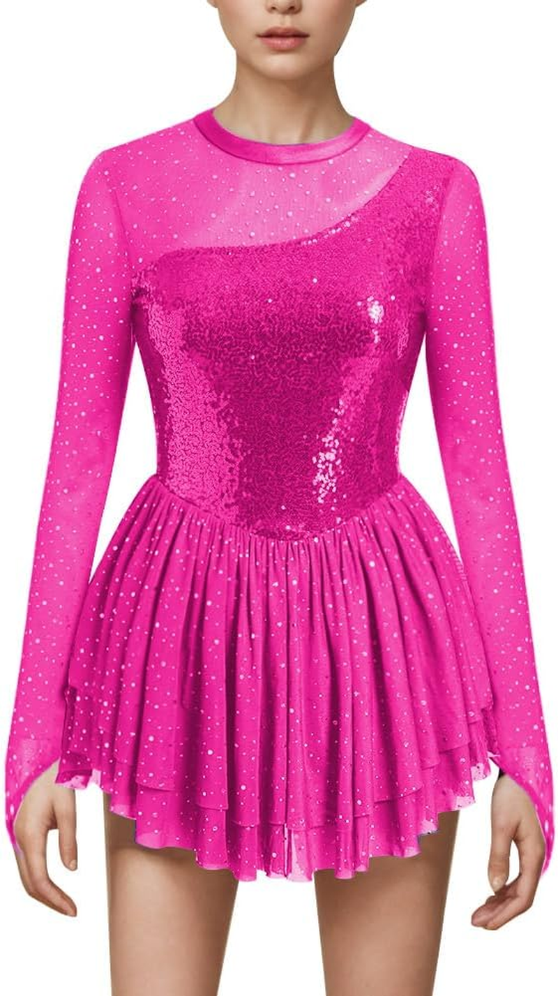 AFAVOM Sequin Figure Skating Dress for Women Long Sleeve Shiny Mesh Rhinestone Ice Skating Dress Ballet Lyrical Dancewear