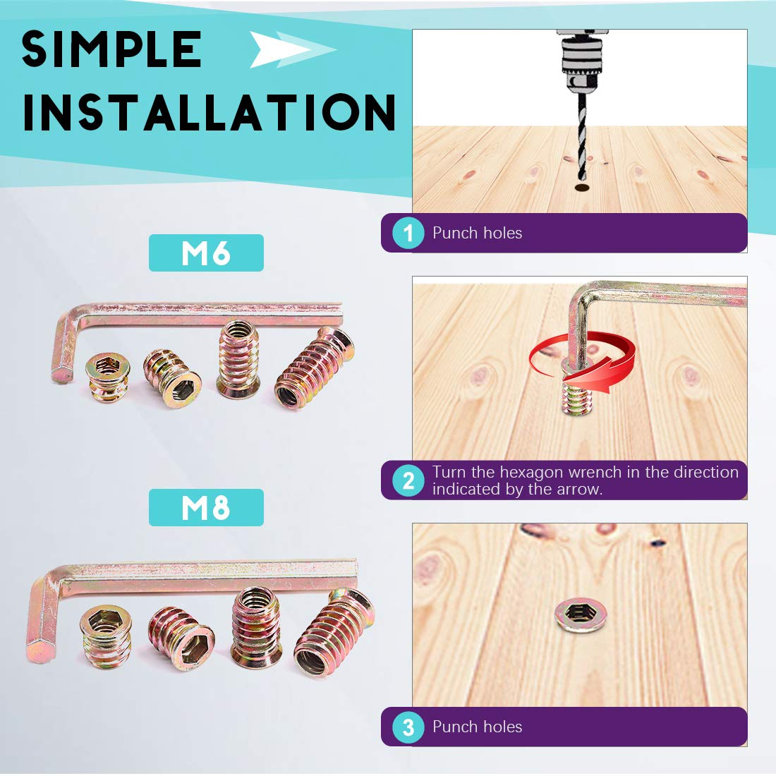 Swpeet 122Pcs Carbon Steel Color Zinc Plated Carbon Furniture Screw in Nut Threaded Wood Inserts Bolt Fastener Connector Hex Socket (1/4 + 5/16, Assortment Kit) image number 5