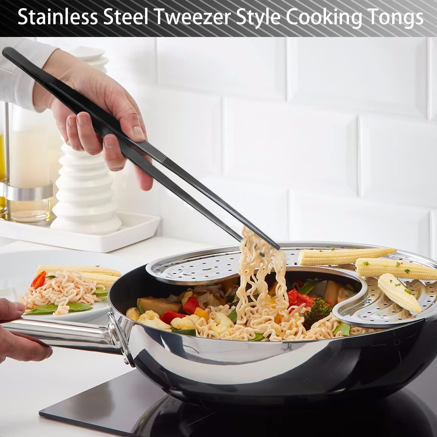 JETKONG 4 Pcs Kitchen Tweezers Professional Stainless Steel Cooking Tweezers Set, Black Kitchen Food Tweezer Tongs for Cooking, Repairing, and BBQ (10+12-Inch, Black) image number 2