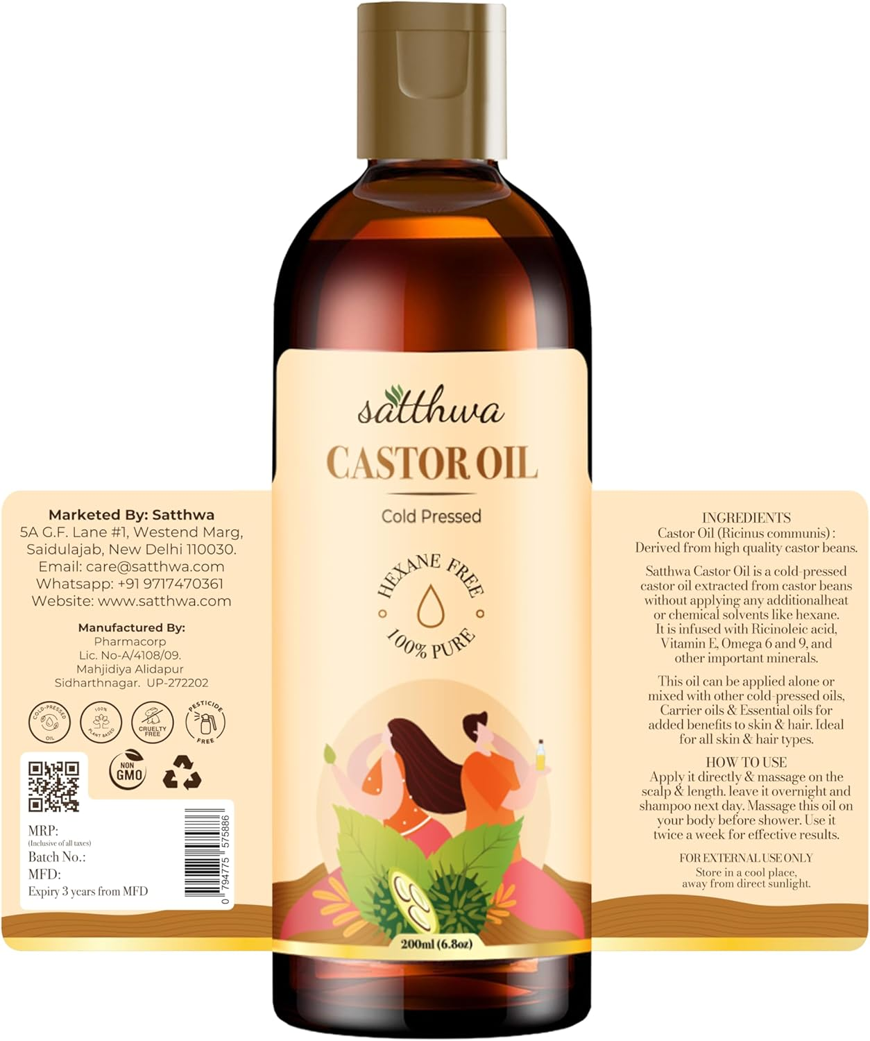 Satthwa Cold Pressed Castor Oil (Arandi Ka Tel) for Moisturising Skin, Stronger Hair, Nail & Eyelash, Hexane Free, Pure & Virgin Grade for Men and Women - 200Ml image number 4