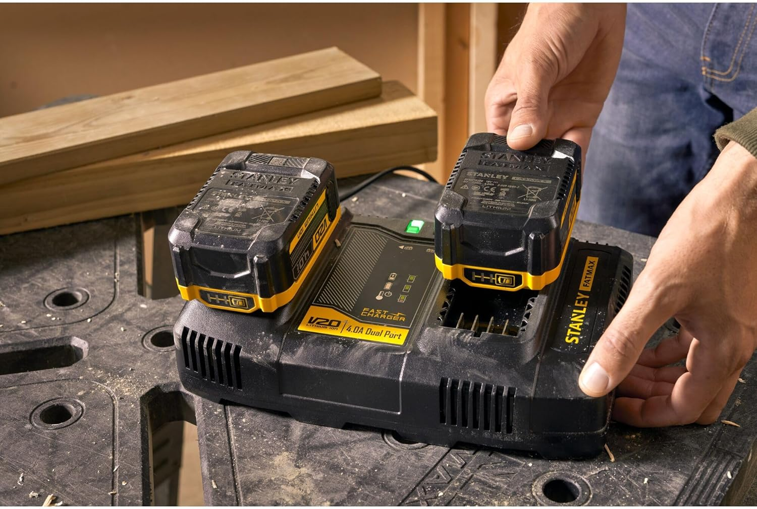 STANLEY FATMAX V20 | 18V 4A Dual Port Battery Fast Charger - Simultaneous Charging, Charges 2X4.0Ah Packs in 30 Minutes, USB Charger for Phones and Tablets image number 2