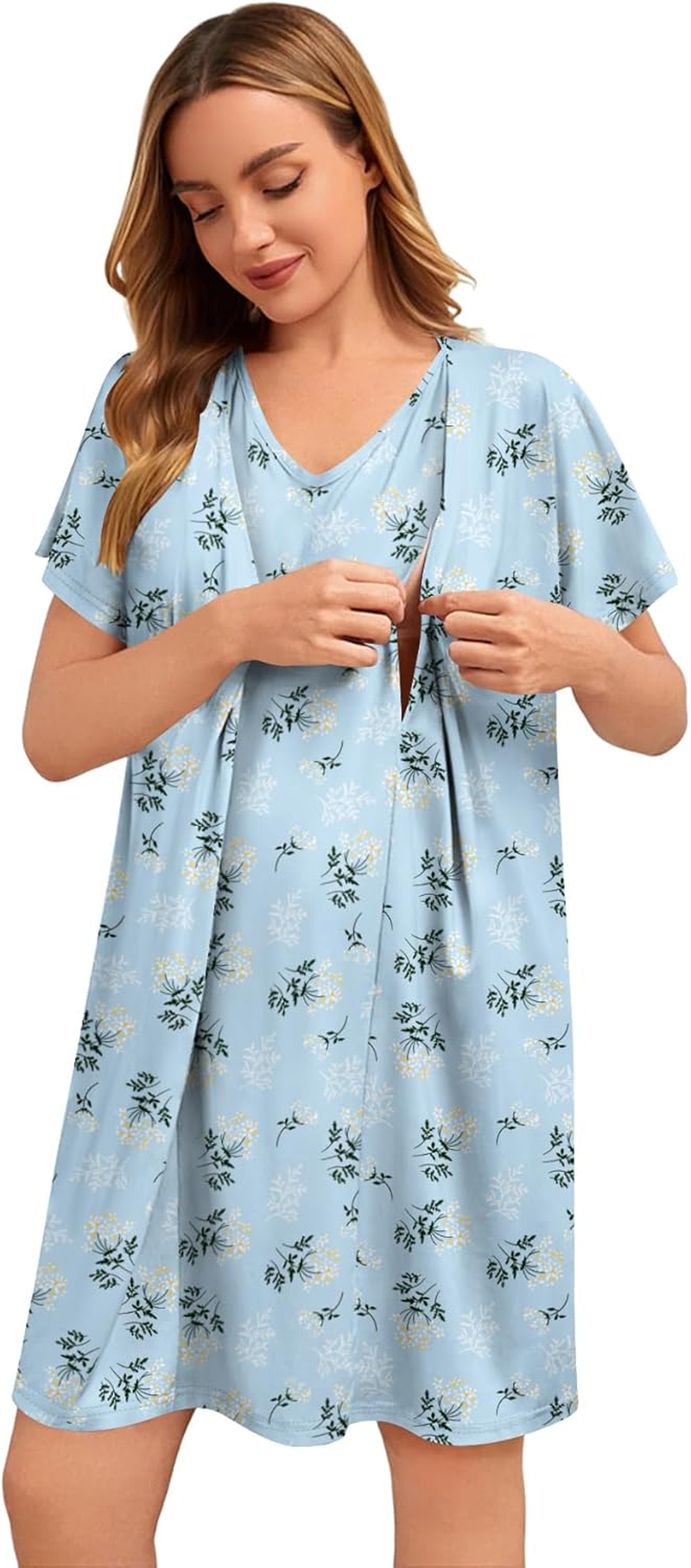 SWOMOG Nursing Nightgown 3 in 1 Labor and Delivery Hospital Gown Maternity Dress Short Sleeve Birthing Robe for Breastfeeding