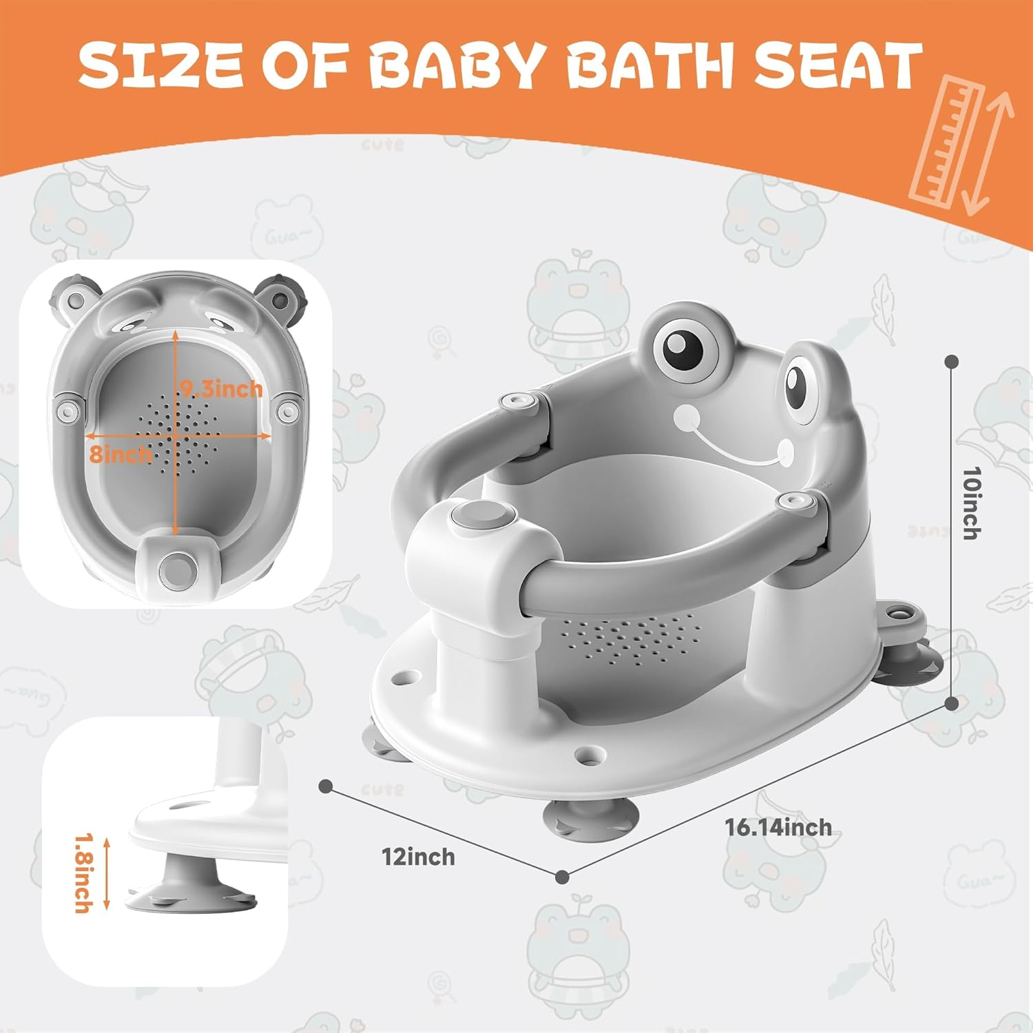 Baby Bath Seat with Safety Handle, Frog Design, 4 Anti-Slip Suction Cups, Ergonomic Support, for Babies 6-18 Months, Grey image number 6