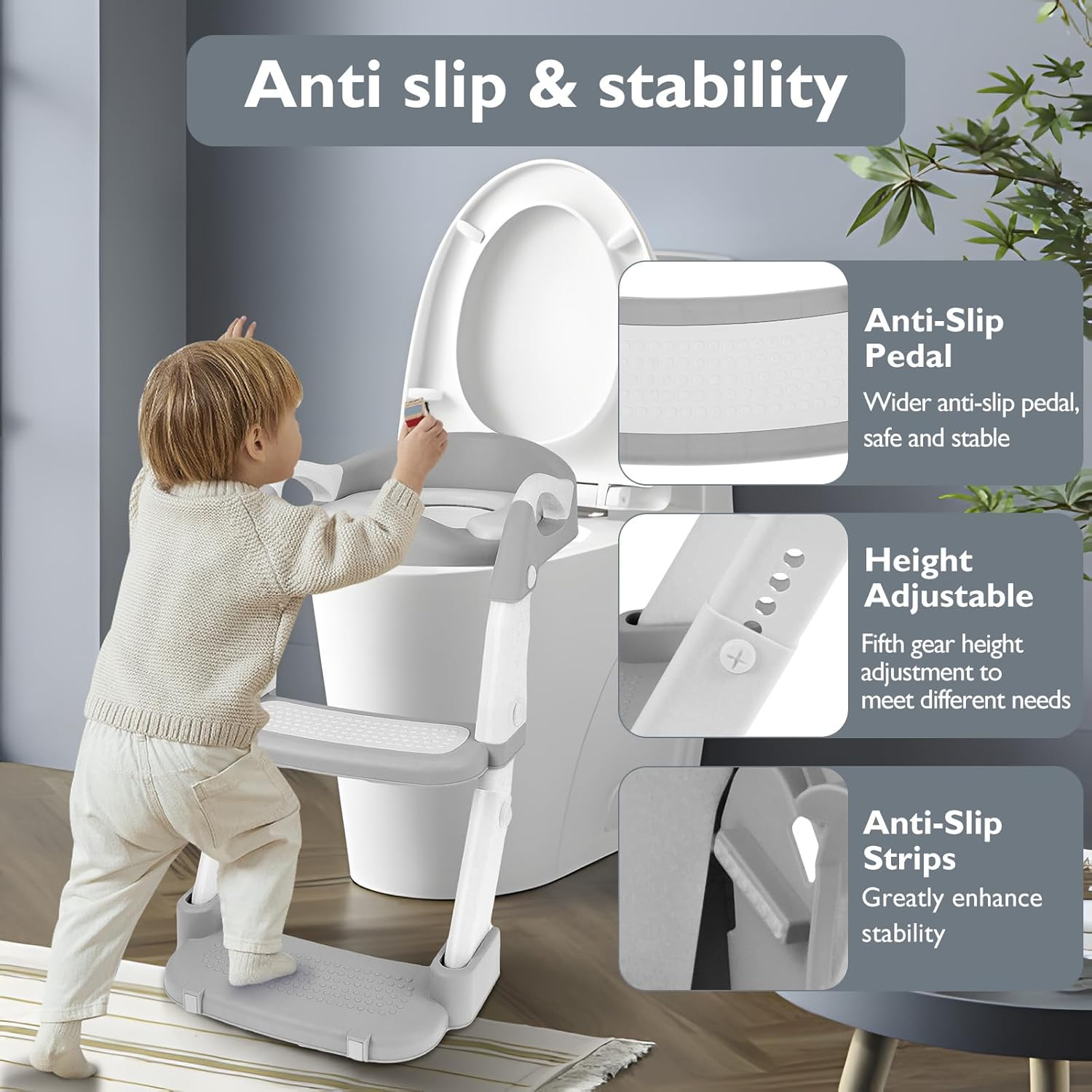 Potty Training Seat with Step Stool Ladder, Height Adjustable Potty Training Toilet with Nonslip Pad Foldable Toddler Toilet Seat for Toddler Kid Boy Girl (Grey) image number 2