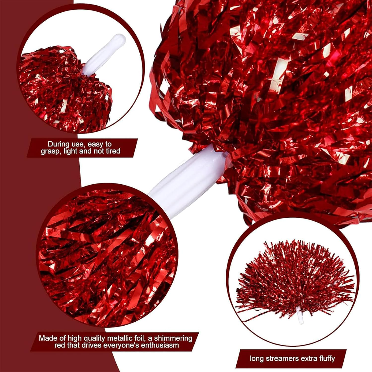 14 Pcs Cheerleader Cheerleading Pom Poms Metallic Foil Pompoms for Sports Meet Team Spirit Cheering Party Dance Supplies Straight Hole, Red image number 4