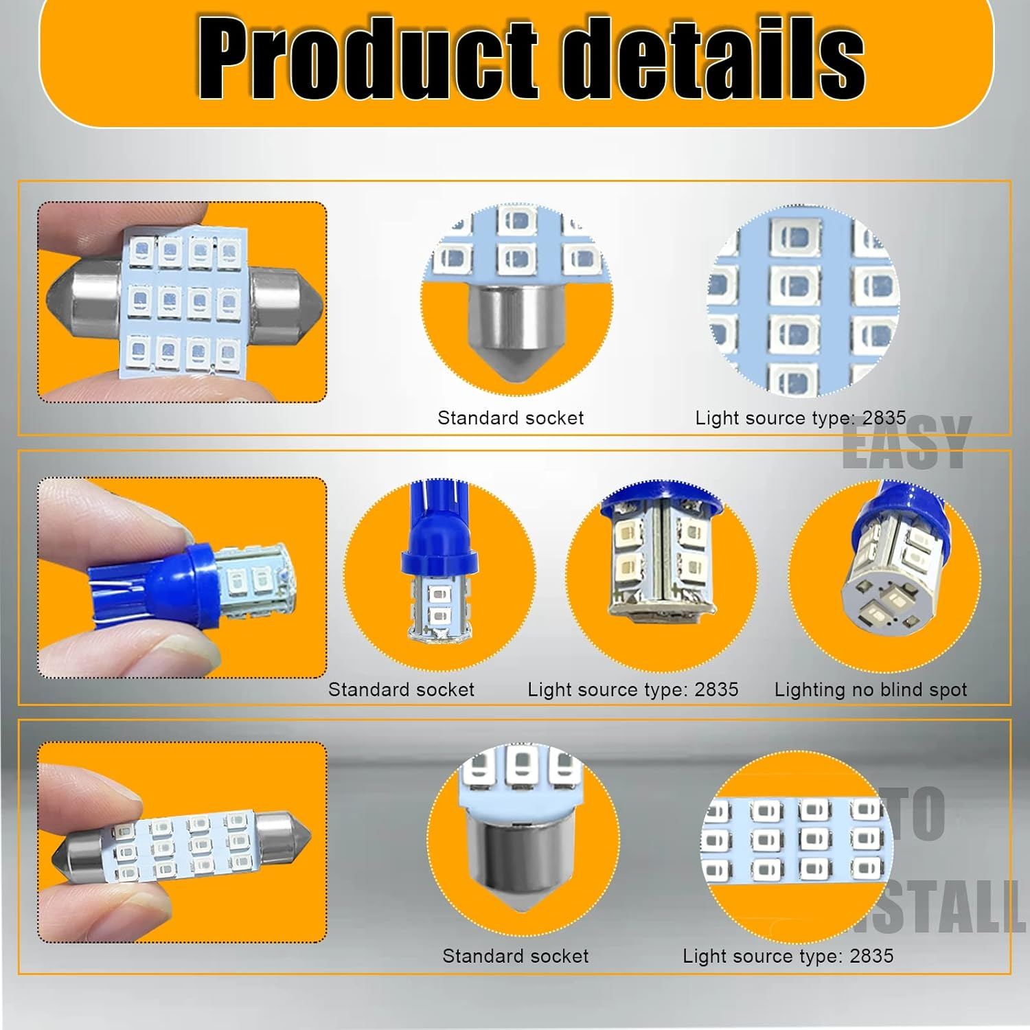 QUICTO 24Pcs Car Led Bulb, Auto Accessories Used for Car Interior Lights, Indoor Map Dome Lights, Trunk Lights, License Lights, Etc. Parts Replacement (Blue) - Blue image number 5