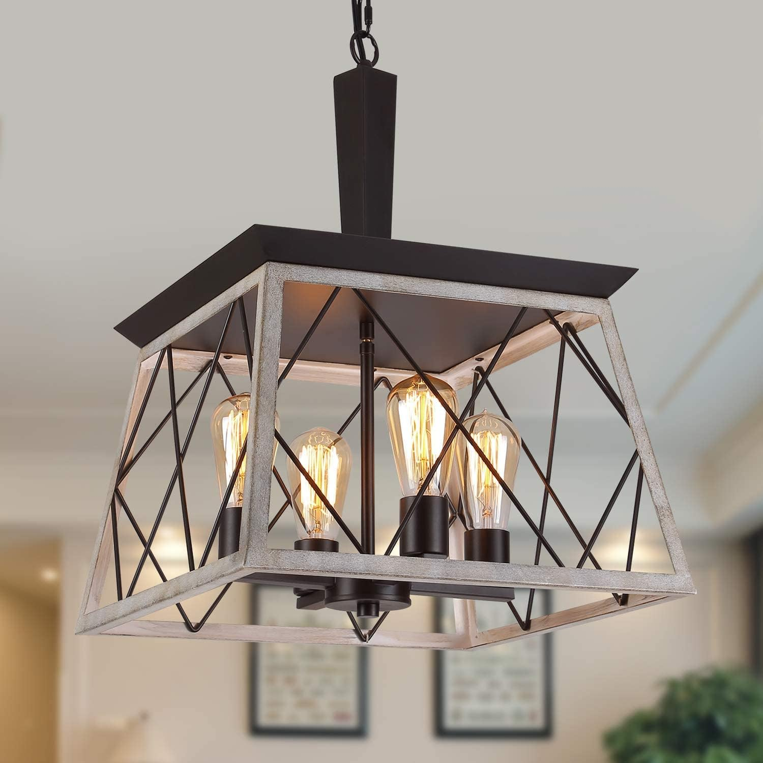 USOR Farmhouse Chandelier 4 Lights Rustic Vintage Pendant Lights L38Xh47Cm Lantern Ceiling Light Fixture Industrial Island Light Chandeliers for Kitchen Island Dining Room Living Room Bulbs Included image number 1