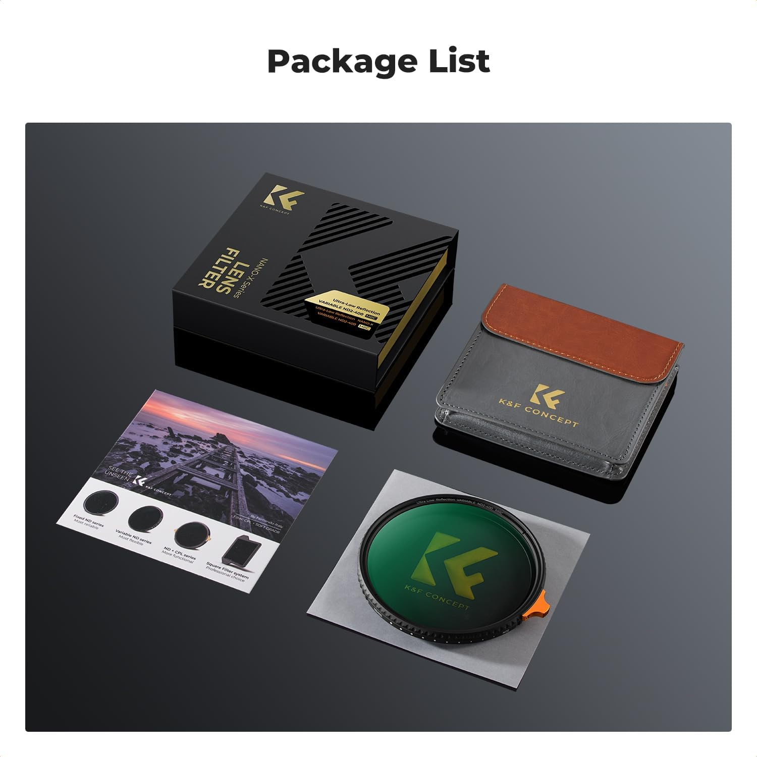 K&F CONCEPT 77Mm Ultra Low Reflectivity Variable ND Filter ND2-ND400 (1-9 Stops) 28 Multi-Layer Coatings AGC Glass Adjustable Neutral Density Camera Lens Filter (Nano-X)