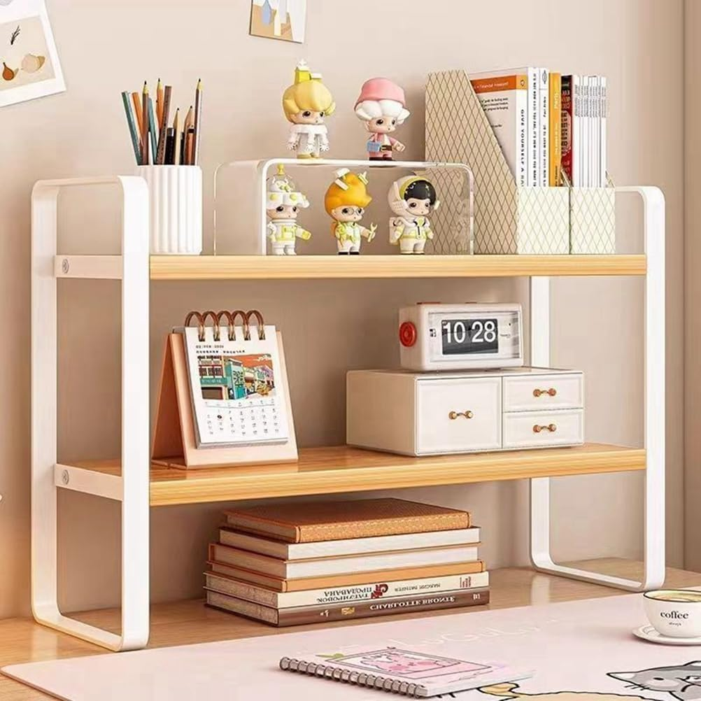 Fohouse Wooden Desktop Bookshelf Organizer, Office Desk Shelf Organizer - Multi-Purpose Bookshelf for Office Supplies, Makeup Top Organizer Storage, and Home Decor (White-2 Tier)