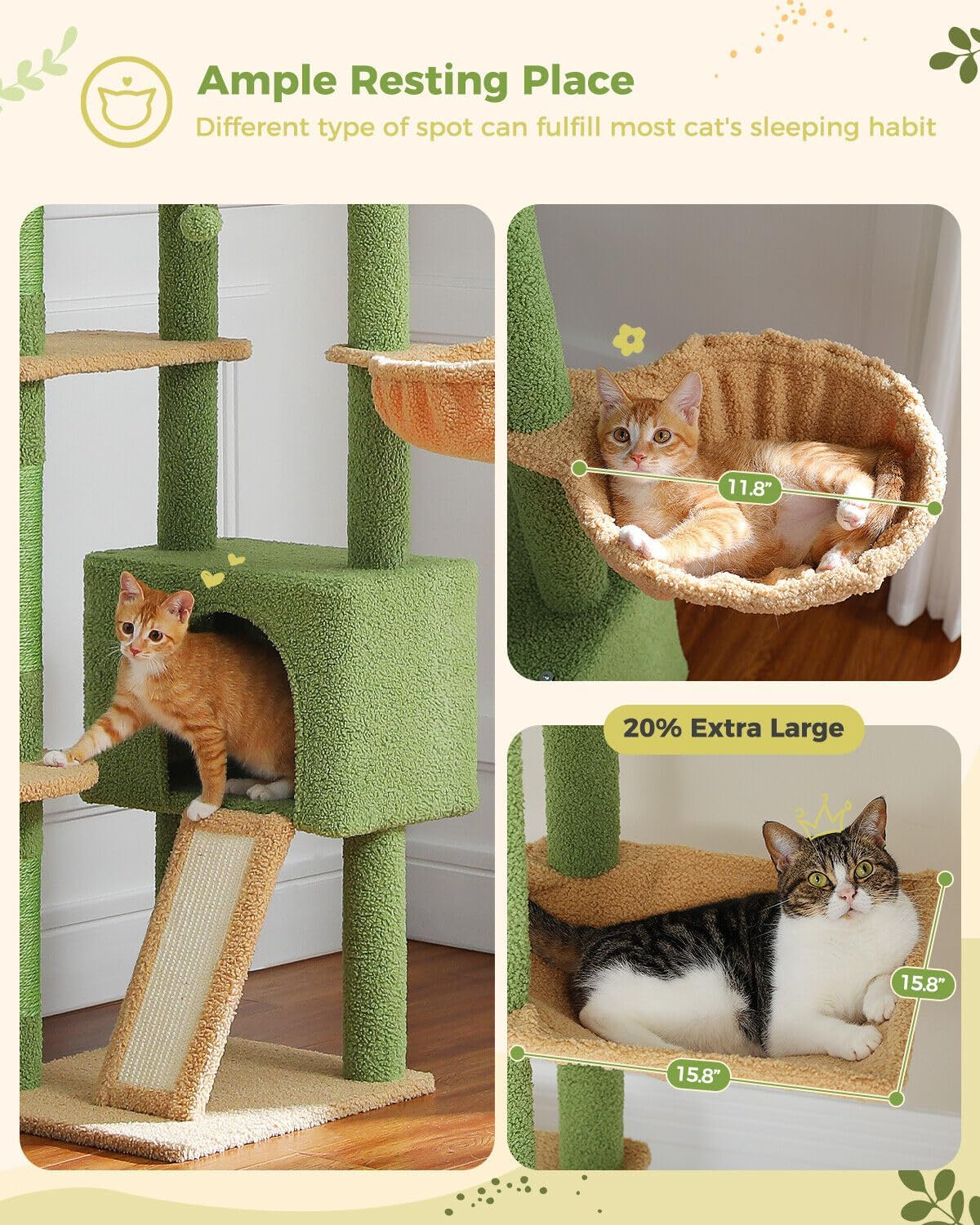 PAWZ Road Cat Tree, Floor to Ceiling Cat Tower Height Adjustable(230-252Cm), Cactus Cat Climbing Tree with Cat Condo, Cozy Hammock and Cat Scratching Posts for Indoor Large Cats, Green image number 2