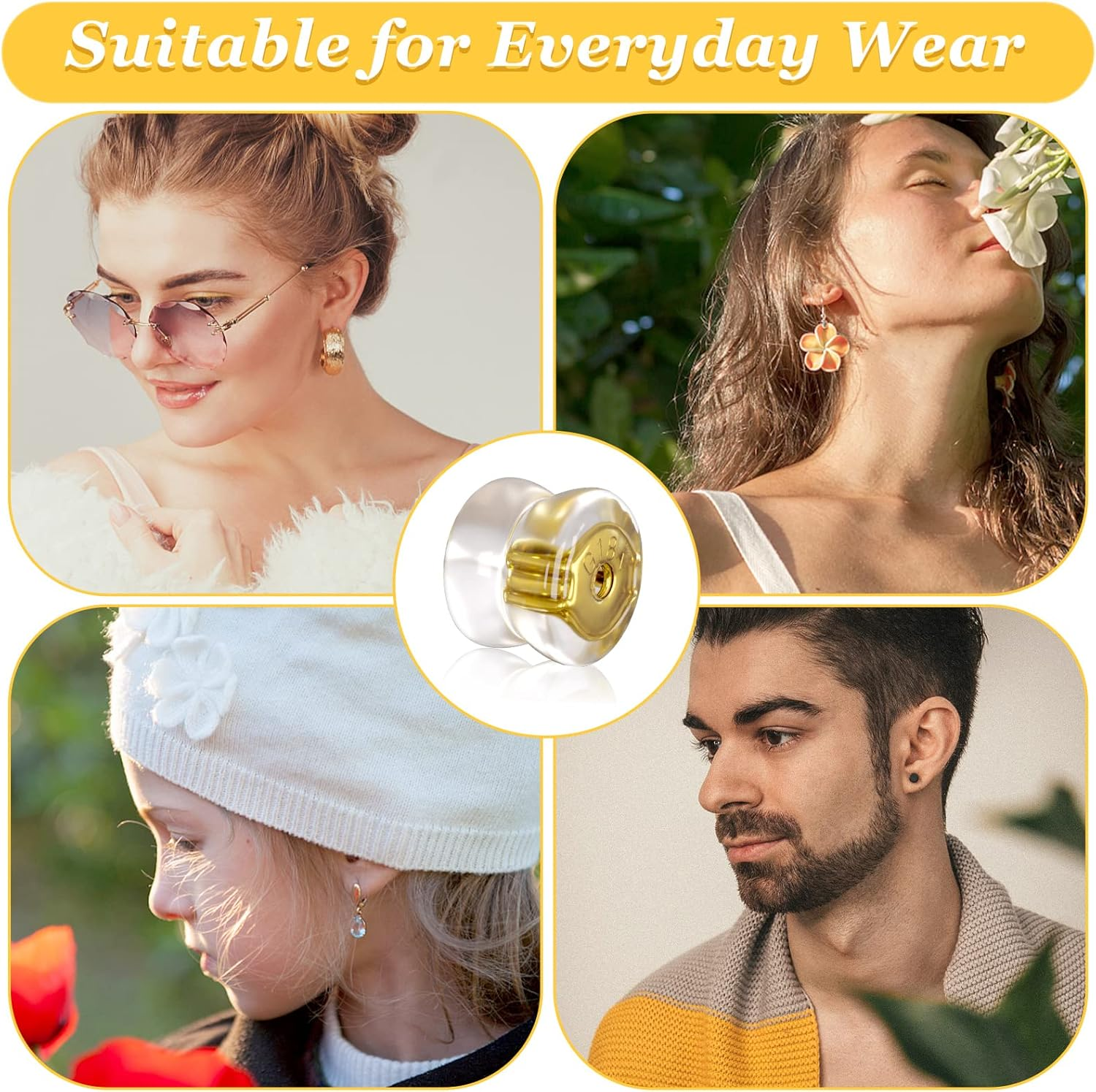 24 Pcs Silicone Earring Backs, 18K Gold Locking Secure Earring Backs for Studs Droopy Fish Hook Heavy, 12 Pairs Hypoallergenic Comfy Soft Earring Stoppers Replacement Clear for Adults Teens image number 1