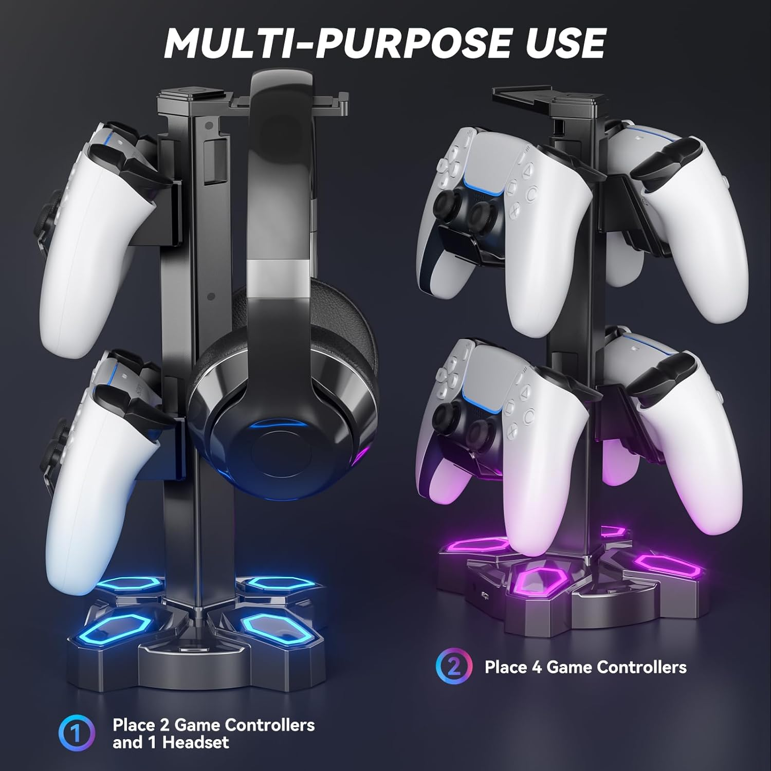 KDD Gaming Headphones Stand, Rotatable Headset Stand with 9 Light Modes - Controller Holder with 2 USB Charging Ports and 3.5Mm & Type-C Port - Earphone Hanger Accessories for Desktop Gamer(Black) image number 5