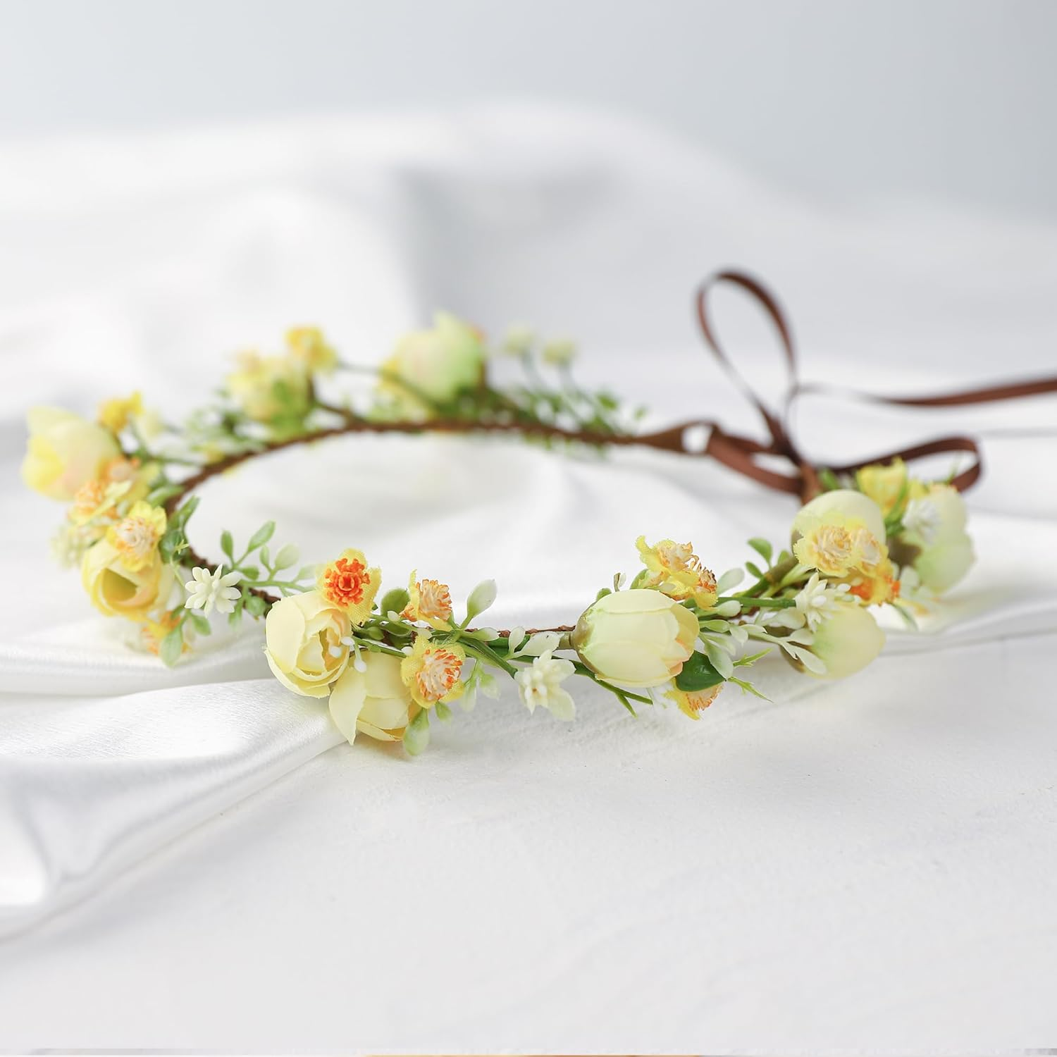 Korvishow Handmade Flower Crown Floral Headpiece Green Leaf Headband Wedding Flower Crowns for Bride Floral Garland Hair Wreath Birthday Party(Yellow Style) image number 5