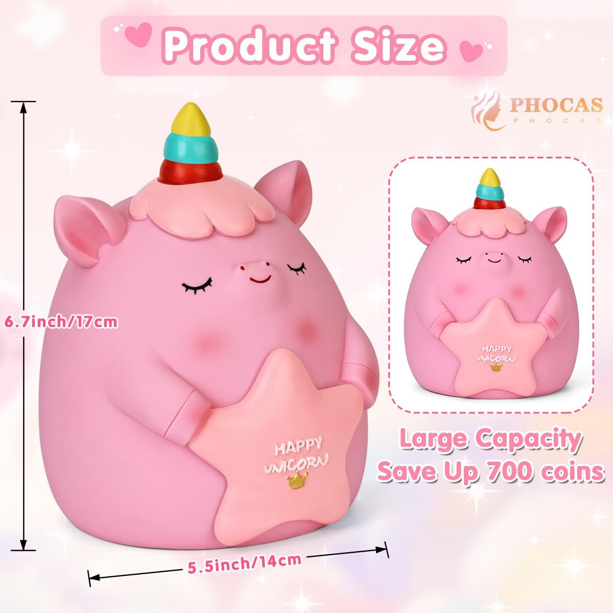 PHOCAS Unicorn Piggy Bank Unbreakable Cute Pink Pig Money Bank Plastic Money Box Kids for Christmas Birthday Gift (Pink) - B-Purple image number 2