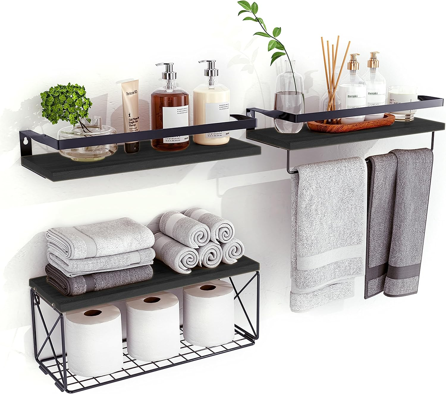 Floating Shelves with Wire Storage Basket, Rustic Bathroom Shelves over Toilet with Towel Bar, Wall Shelves for Bedroom, Living Room, Kitchen and Washroom Toilet Paper (3-Black)