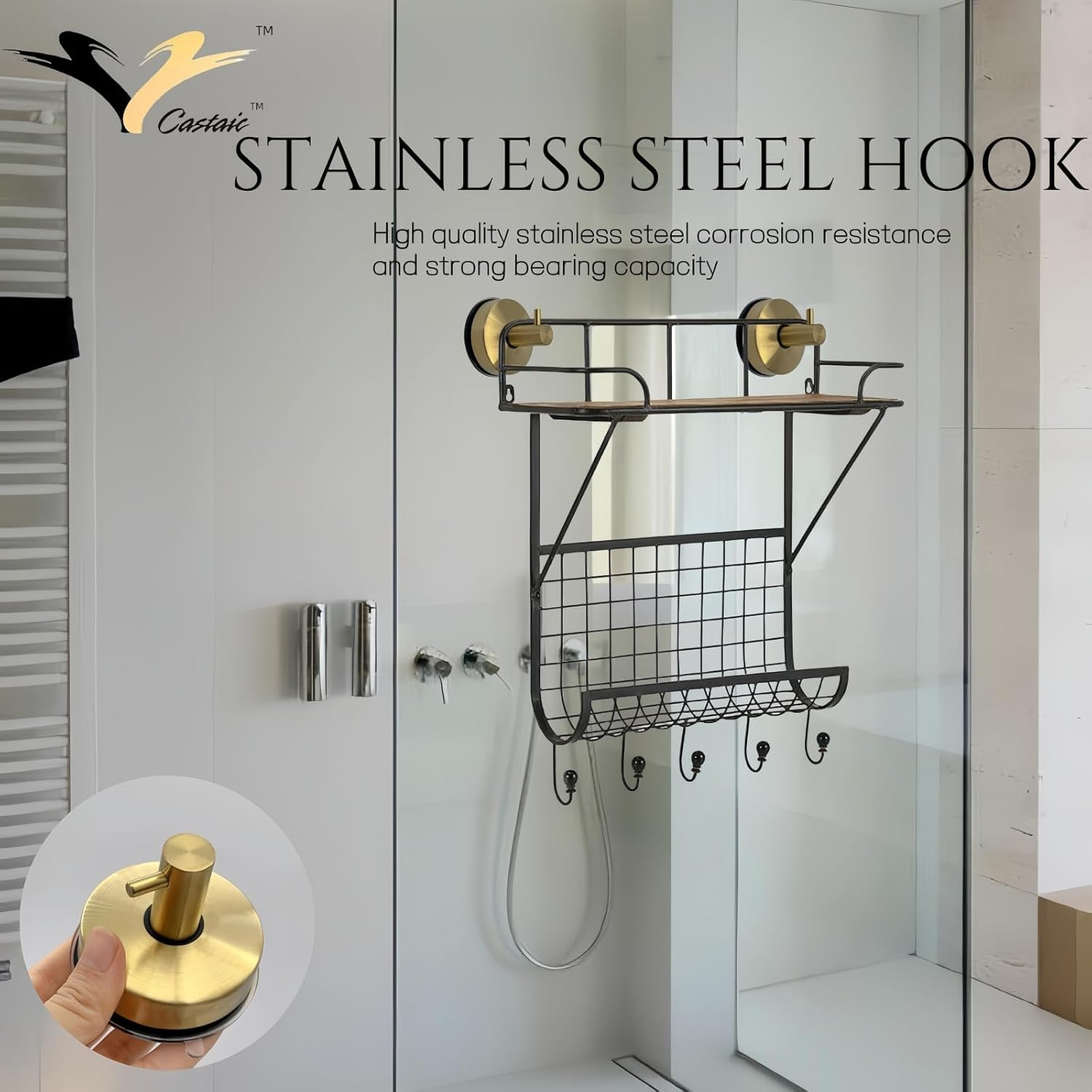 Castaic 2 Pacs Stainless Steel Suction Cup Hooks, Wall Mounted Hook for Loofah Towel, Bathroom Accessory Storage Vacuum No Drill (Gold)