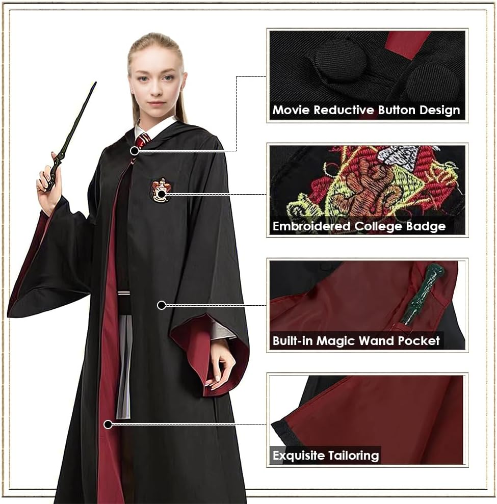 AUTOWT Unisex Wizard Cloak Costume Set for Adults, 6Pc Magician Wizarding Robe Outfits with Hooded Cape Magic Hat Wand Scarf Glasses Tie Movie Dress up Accessory for School Carnival Halloween Cosplay image number 4