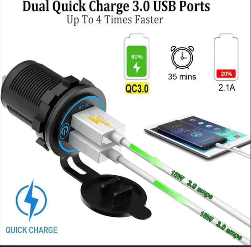 [2 Pack] Quick Charge 3.0 Waterproof Dual USB Charger Socket with Touch Switch, 12V/24V Fast Charging Outlet for Car, RV, Boat, Motorcycle, Truck image number 2
