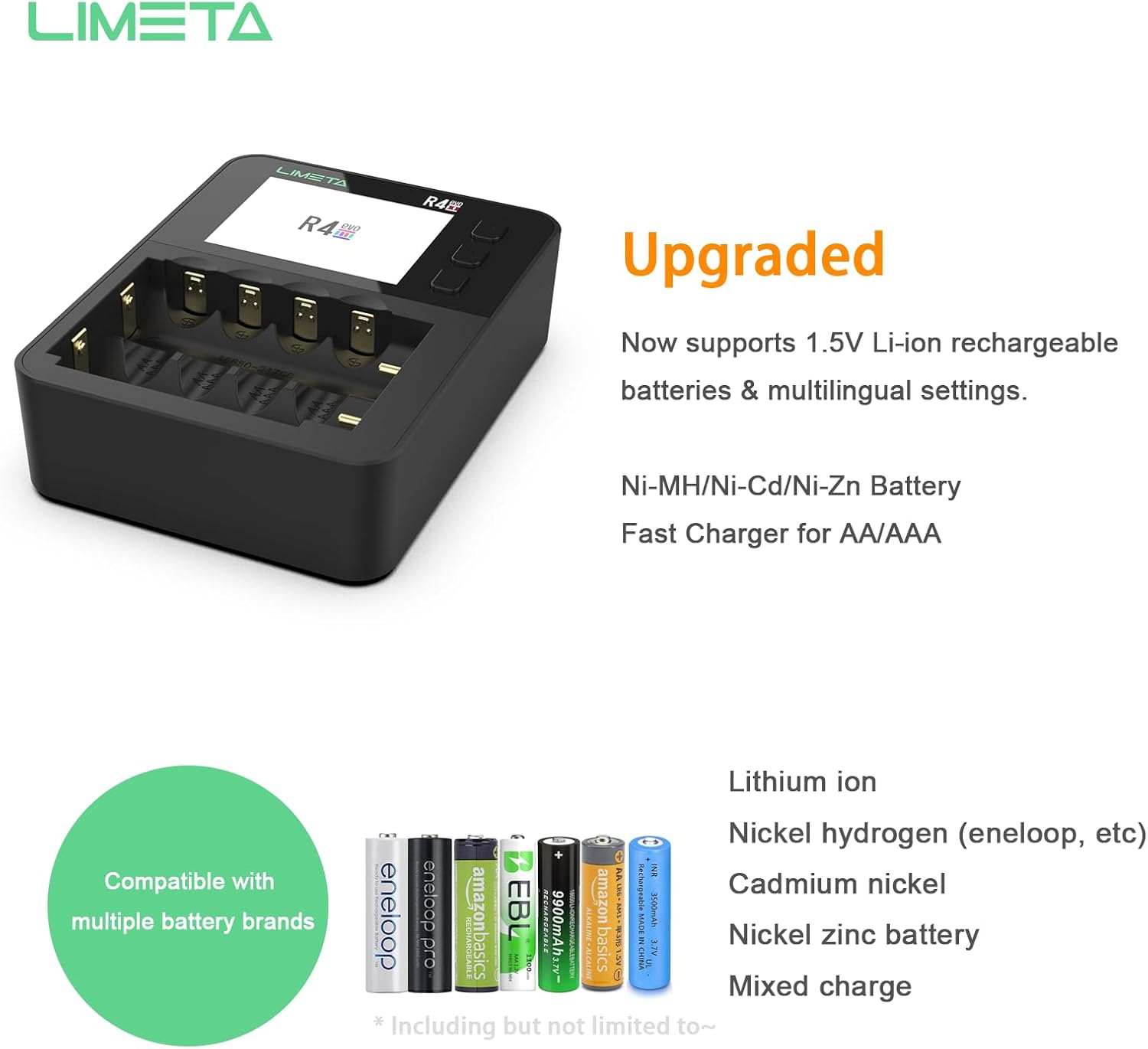 LIMETA R4EVO 6-Slot Battery Charger, Fast Smart Charger for AA/AAA/18650/21700, Ni-Mh/Ni-Cd/Ni-Zn/Li-Ion Rechargeable Batteries, 4 Bay with LCD Display, Type-C 36W Input