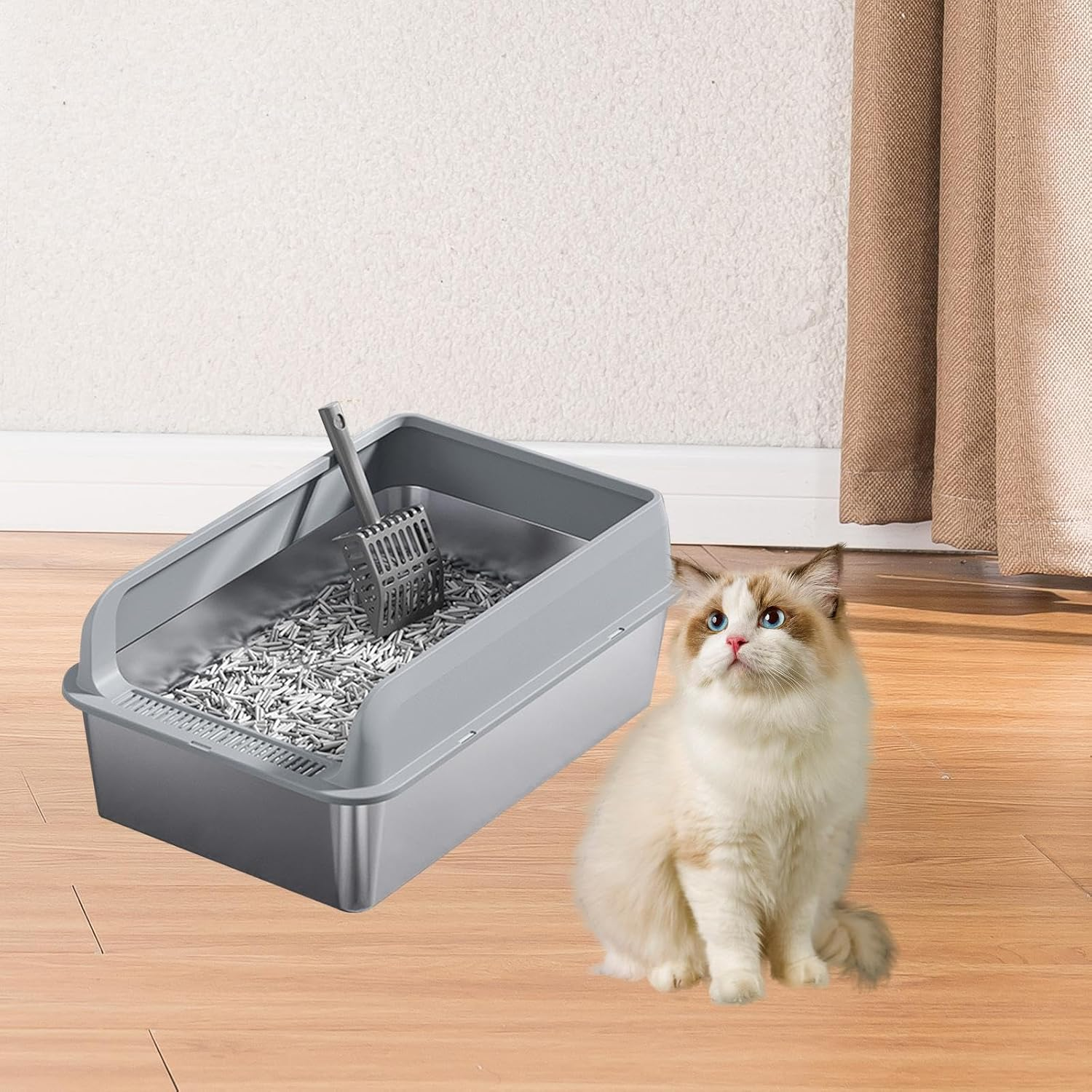 Yajuyi Sleek Stainless Steel Cat Litter Box for Easy Maintenance, Light Grey and M image number 2