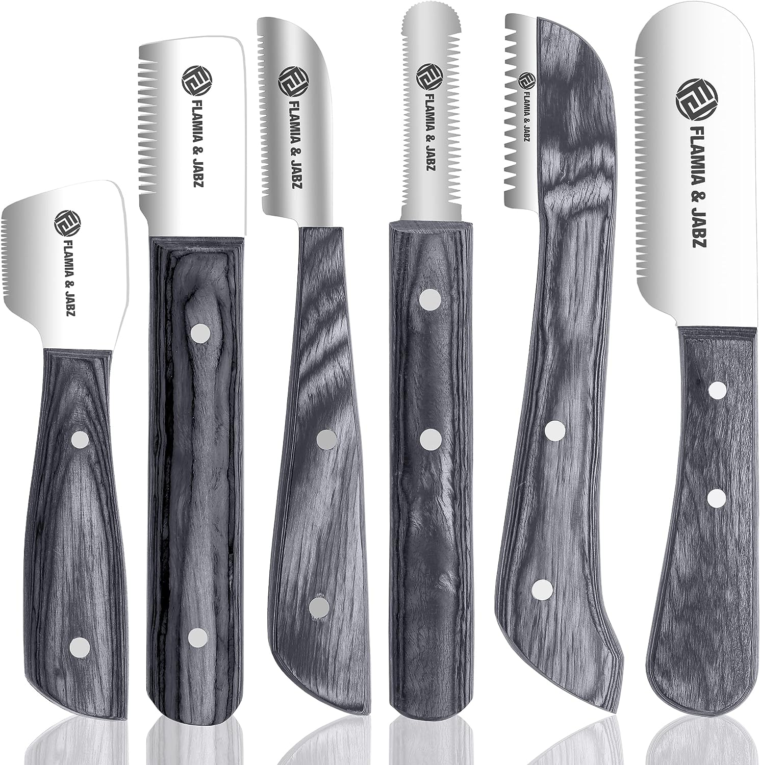 Professional Stripping Knife Kit (6 Pieces Set) for Dogs & Pets, Wooden Handle Grip with Stainless Steel Blade (Right Handed) (Black)