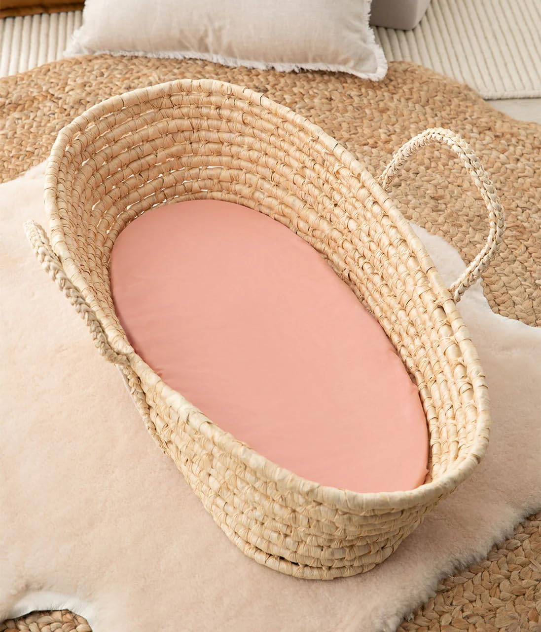 Love to Dream 2-In-1 Waterproof Bassinet Sheet & Mattress Protector | Tencel, Soft Jersey Fabric, Fits Oval & Square Mattresses, Machine Washable, Anti-Bacterial, Quiet Waterproof Backing | Pink image number 3