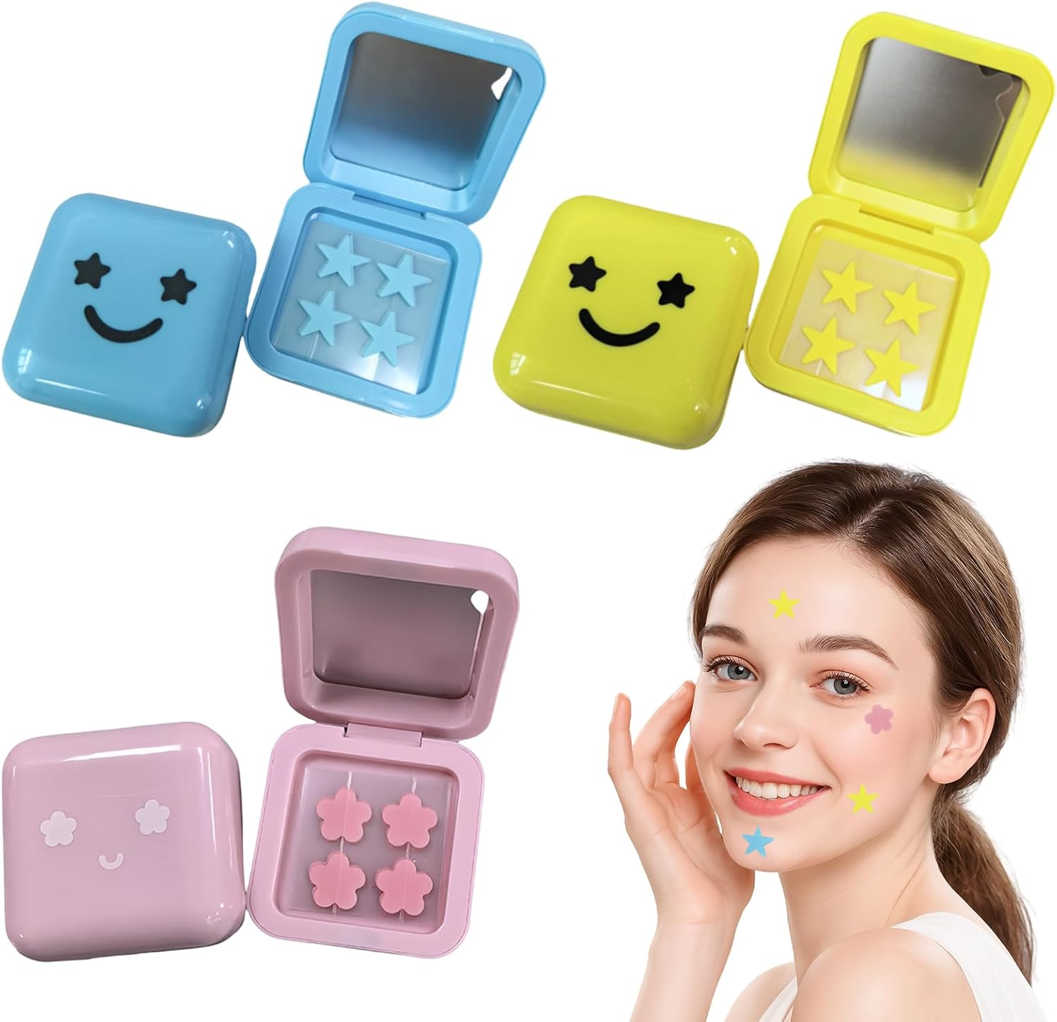 BRTNUP 96 Pcs Starface Pimple Patches, Star Pimple Patches Hydrocolloid Star Face Pimple Patch Cute Star Spot Patch with Mirror Compact for Sensitive Skin, Travel & Daily Use (Pink, Blue, Yellow) image number 4